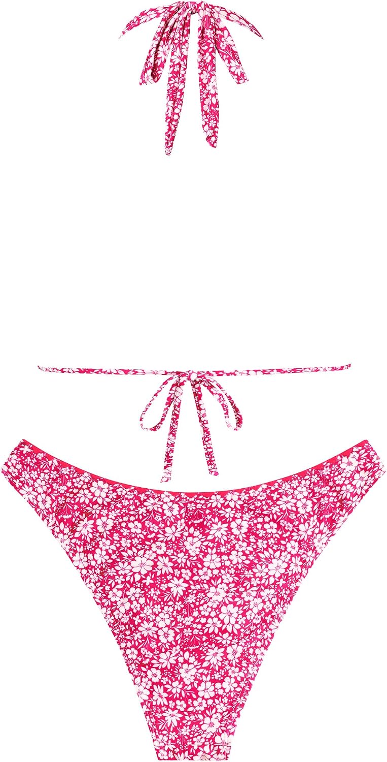 ZAFUL Bikini Sets for Women Halter Dual Straps Whip Stitch Floral Print Triangle 2 Pieces Bikini Swimsuits thumbnail