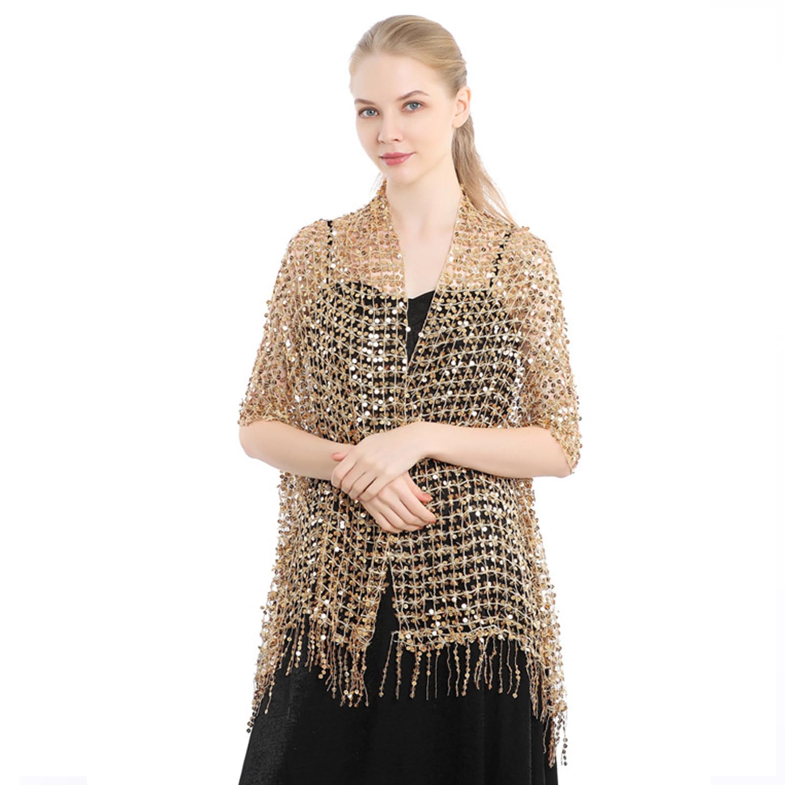 FIRSTXIU Delicate Tassels Trim Shawl for Ladies Lightweight Shawls Wedding Party Scarf with Shinning Sequins