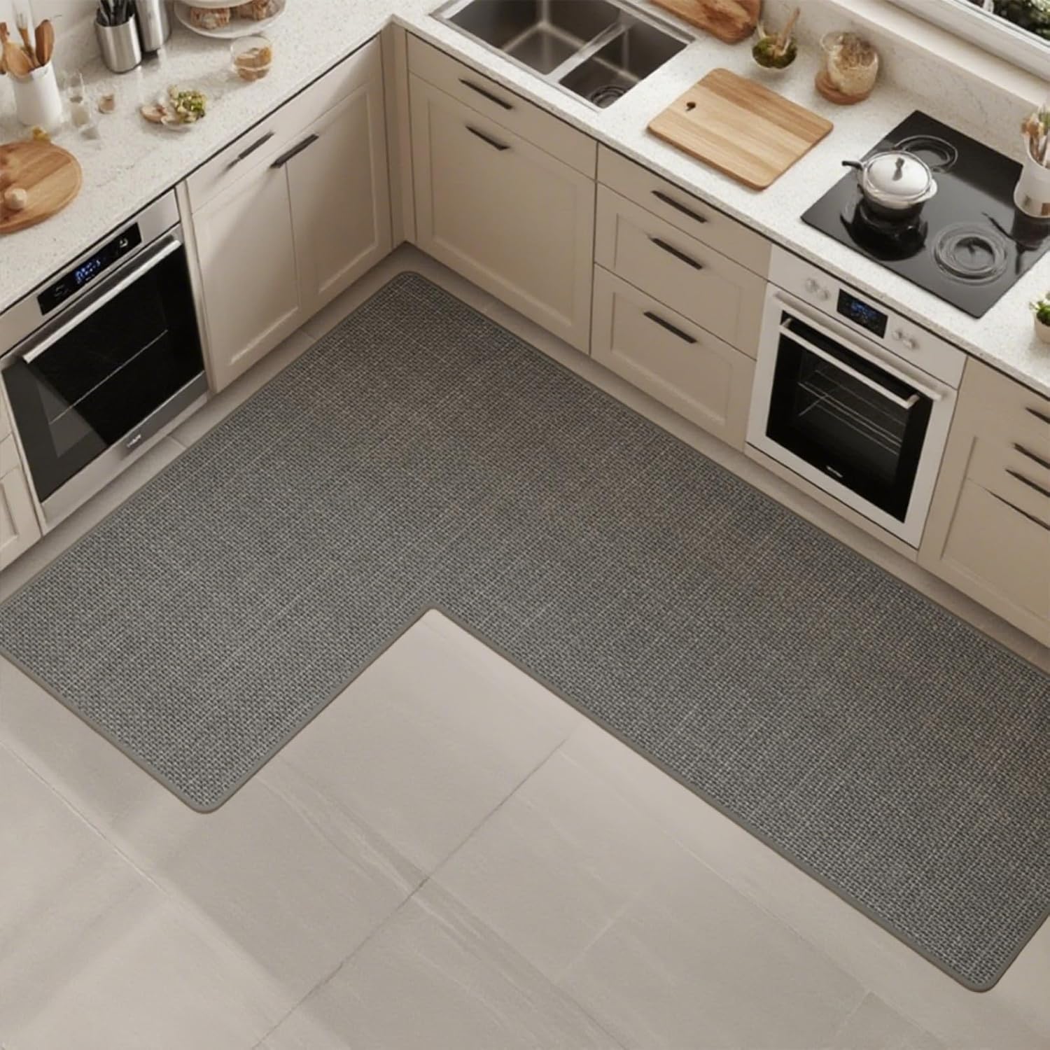 Anti-Slip Corner Kitchen Rug, 1 Piece L-Shaped Floor Mats,Super Absorption Linen Corner Mat for Home,Kitchen (Grey Right-L, 31''X47''X18'') 2'7" x 3'11" (L-shaped) Grey Right-l