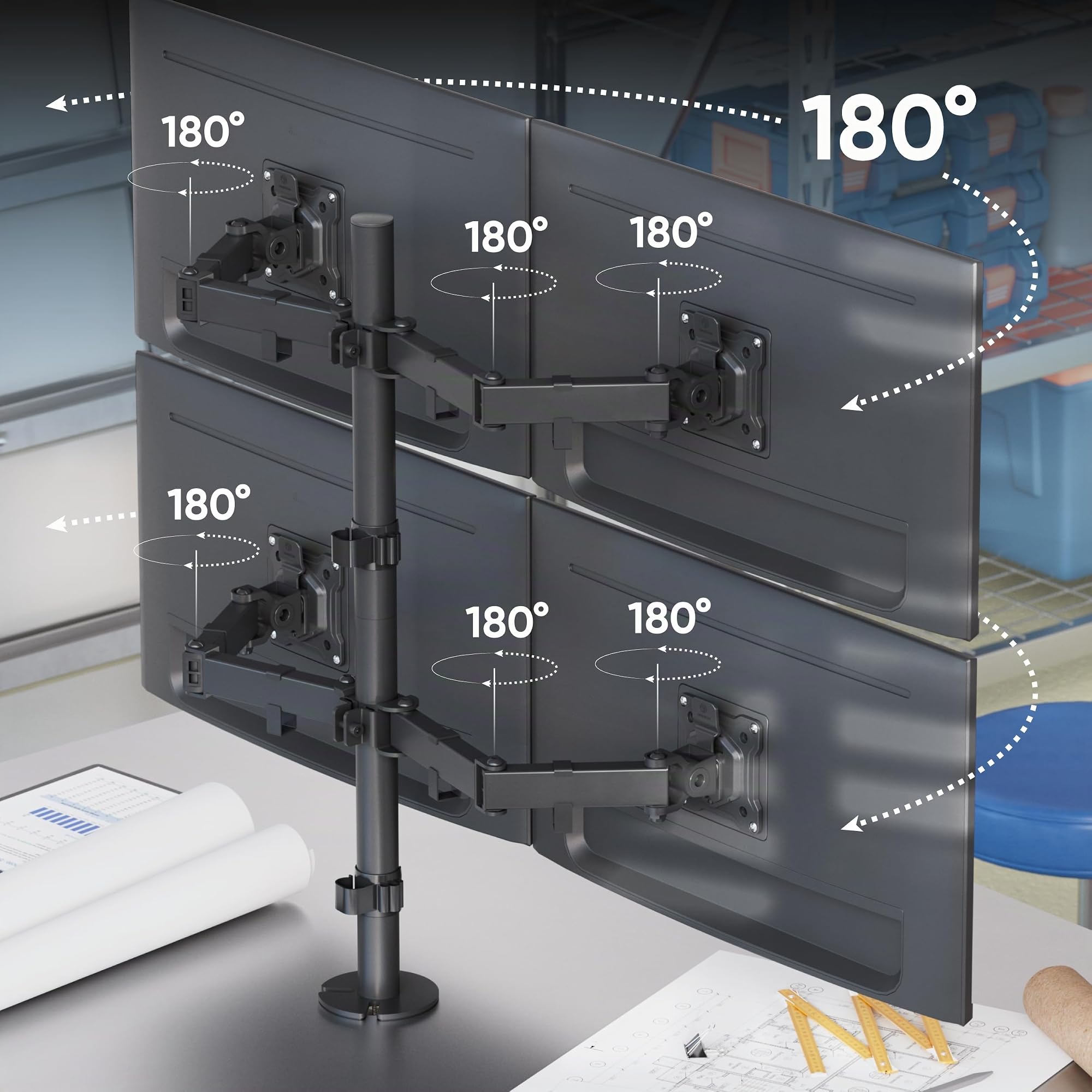 ONKRON 4-Fach Monitorhalterung 13-32", 8 kg (x4), max VESA 100x100, D421E-B | Monitorarm für 4 Bildschirme, bis 87 cm höhenverstellbar, schwenkbar, drehbar, Klemm-/Bohrmontage; für Büro & Multitasking