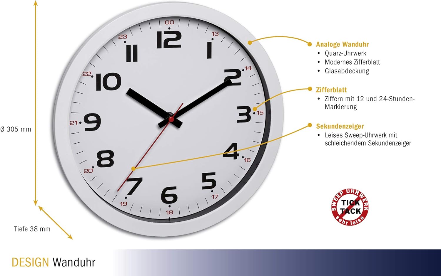 TFA Dostmann Analogue wall Clock. 60.3050.02, Silent Second Hand, Glass Cover, Kitchen Clock, Easy to Read