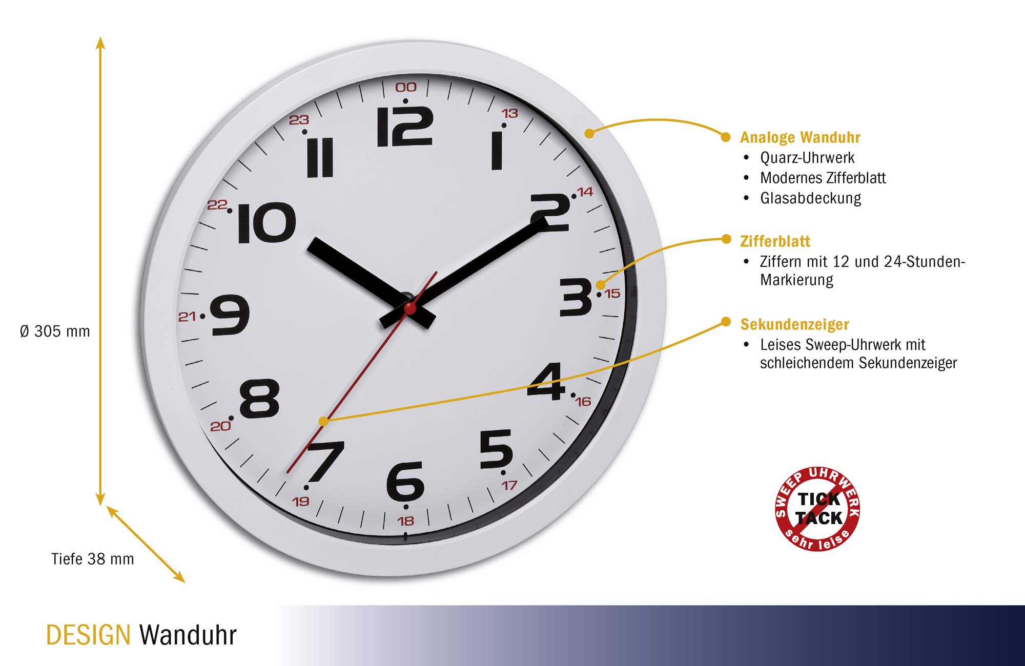 TFA Dostmann zegar ścienny analogowy, 60.3050.02, szkło, tworzywo sztuczne, biały,