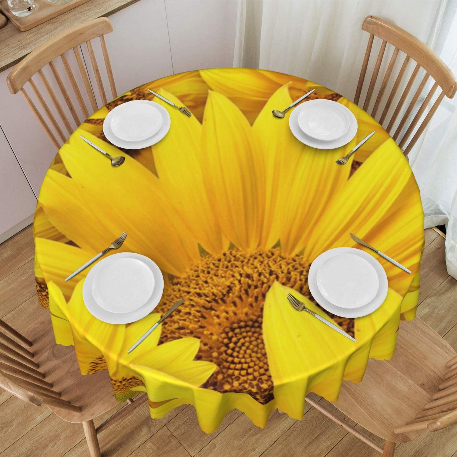 DCEHGEW 60 In Round Tablecloth with Lace, Sunflowers Pattern Printed Oilproof & Washable Fabric Picnic Table Cloth Table Covers