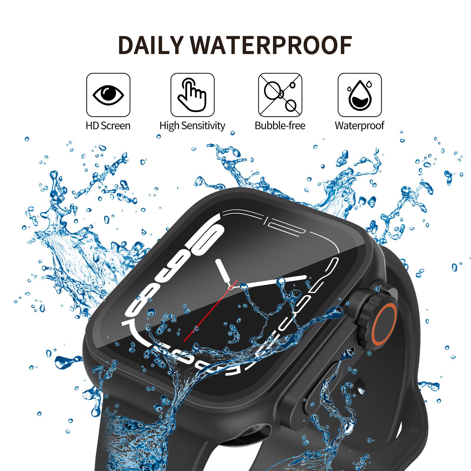 Wodoodporne etui 2 w 1, kompatybilne z Apple Watch 41 mm, osłona ekranu serii 9/8/7 (Ultra Style Design) iWatch ze szkła hartowanego, ochronna tylna osłona PC, akcesoria, czarne