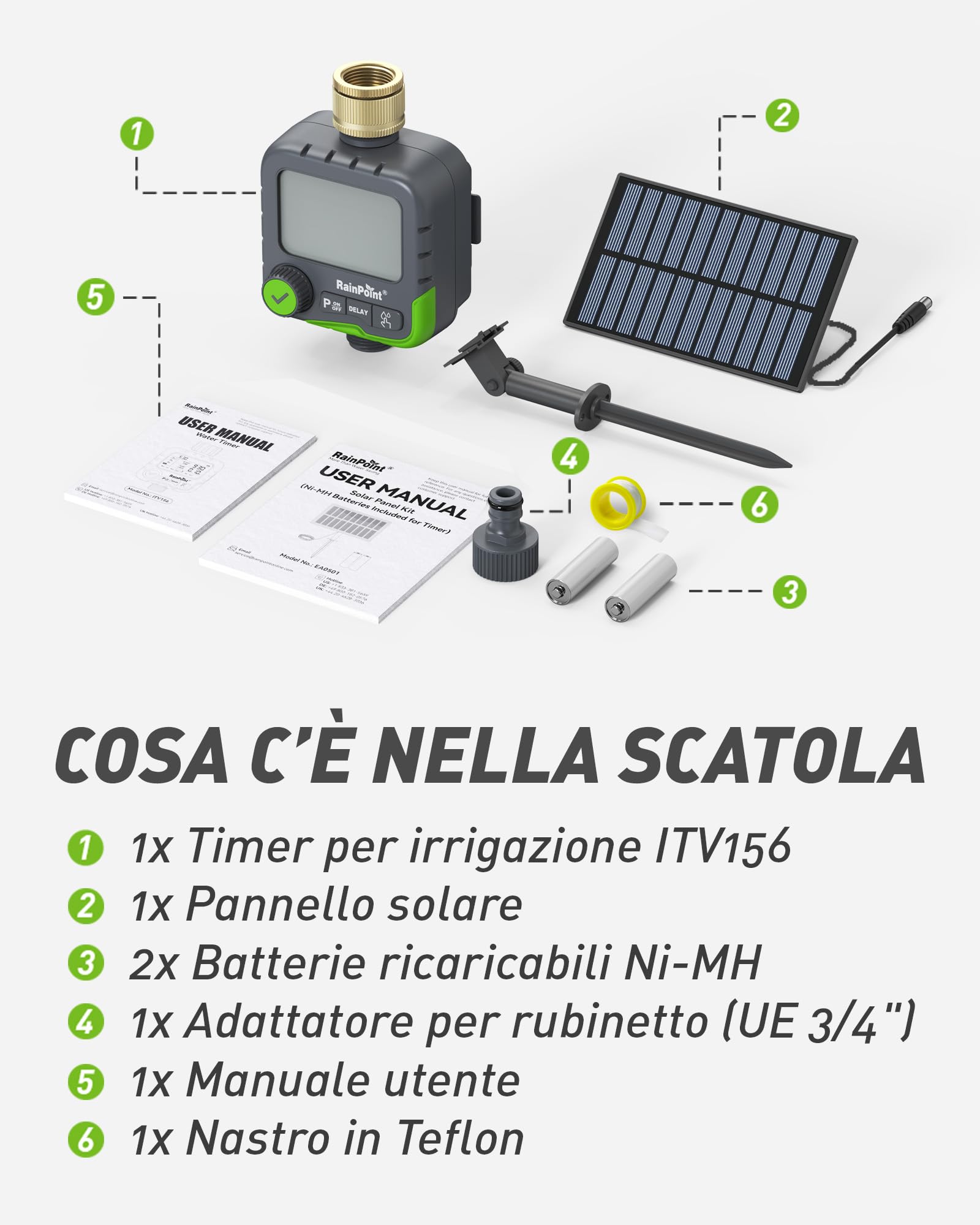 RAINPOINT Timer Irrigazione ITV156 Kit Solare, Timer Rubinetto per Giardino e Prato, con Pannello Solare e 2 Batterie AA Ricaricabili, 3 Programmi Indipendenti, Ricarica Solare Continua
