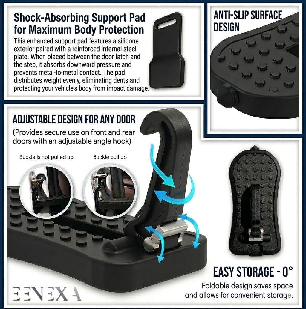 Car Door Step for Roof Access - Adjustable Multi-Angle Hook with Steel Plate Silicone Support Pad, Car Door Latch Step, Door Step for Car Roof Access, 400 lbs, Fits SUVs Trucks, Black