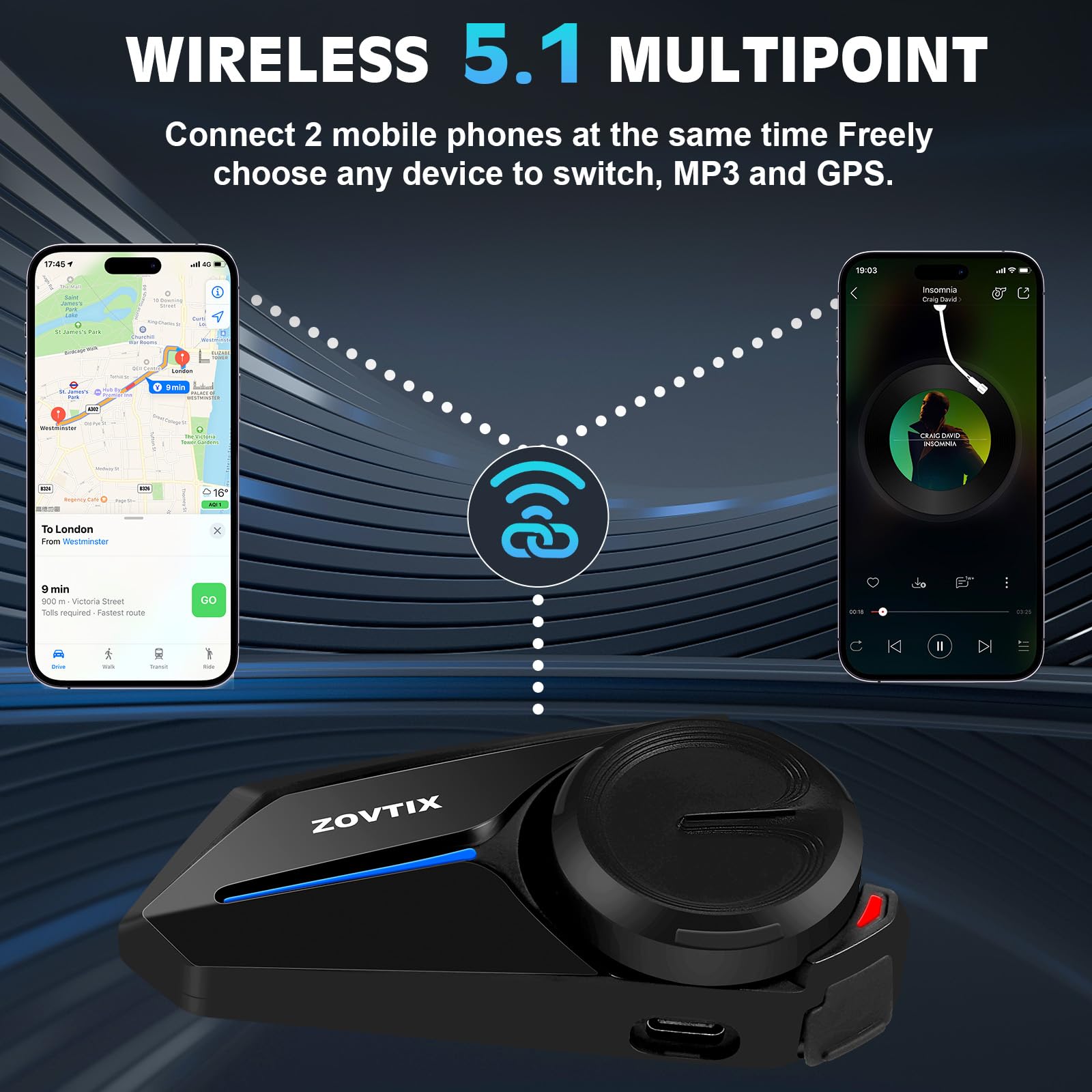 Motorcycle Helmet Headset 3 Riders Communication System S2 Intercom with Music Sharing/HiFi Sound/3 EQ Music Modes/DSP&CVC Noise Cancellation/IP67/FM Radio - S2-Black 2 Pack — view 2