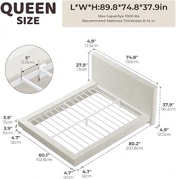 RECCI AirFrame Cloud Platform Bed Frame with Round Edge Headboard, 5 Inch Foam Fully Cushioned, Beige Chenille Upholstered, Easy Assembly, No Box Spring Needed (Queen (U.S. Standard))