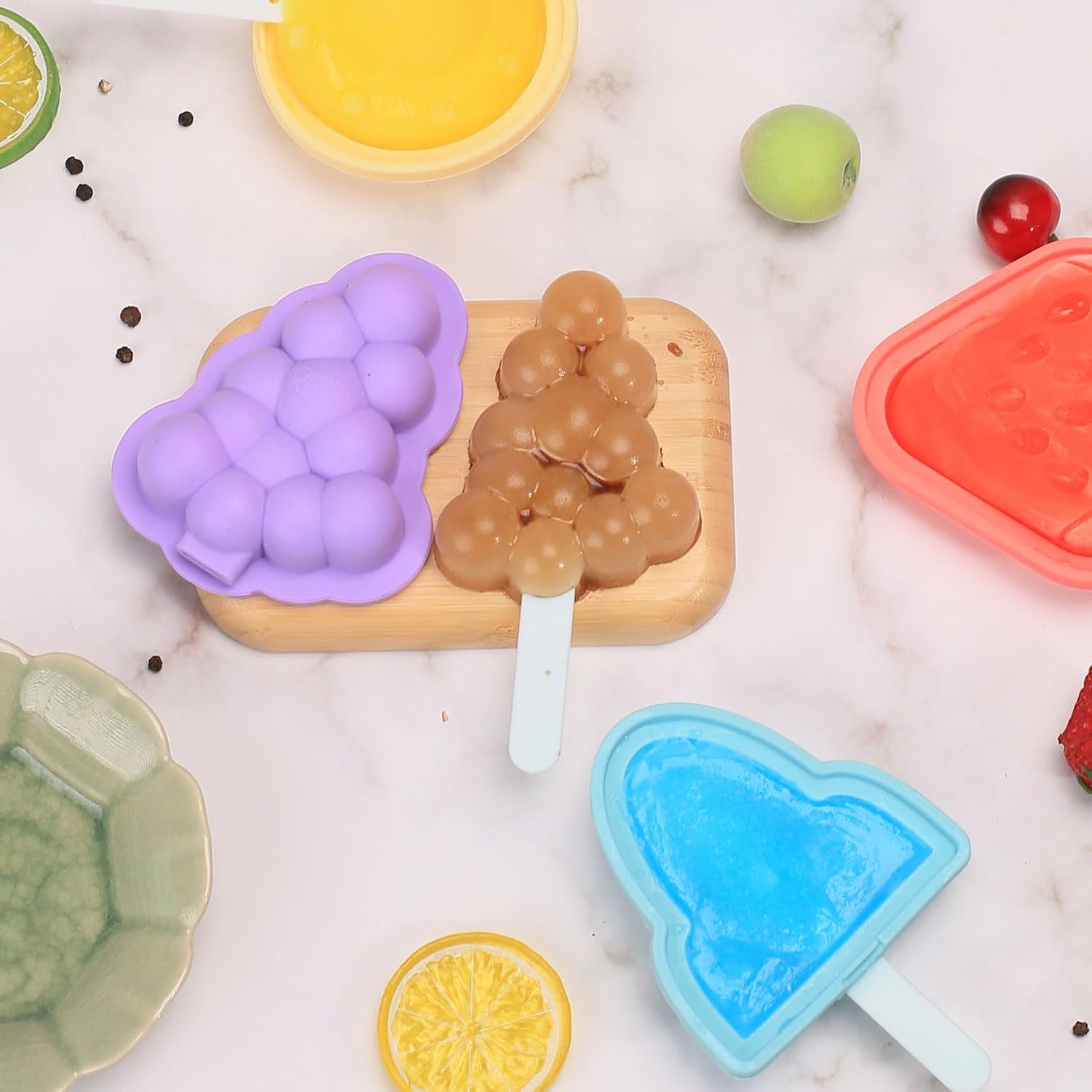 Popsicles Molds Silicone with Sticks, 2 Pcs Ice Pop Molds for Homemade Ice Cream Frozen Snacks, Reusable Popsicles Maker with Lid for Kids, Grape-Shaped, BPA-Free Dishwasher Safe