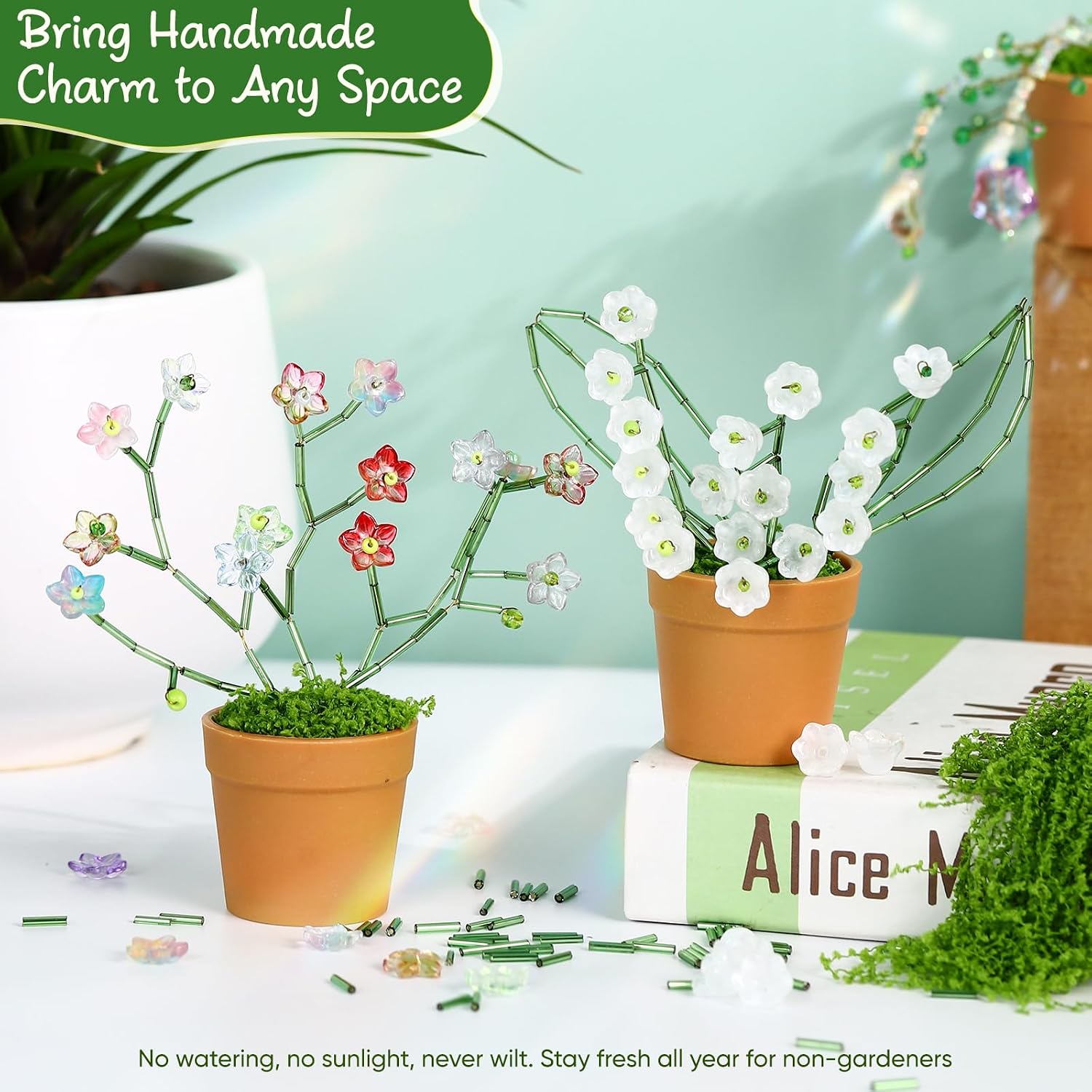 YHMQDU 4-Pack Beaded Plant Kit with Mini Flower Pots and Hanging Charms