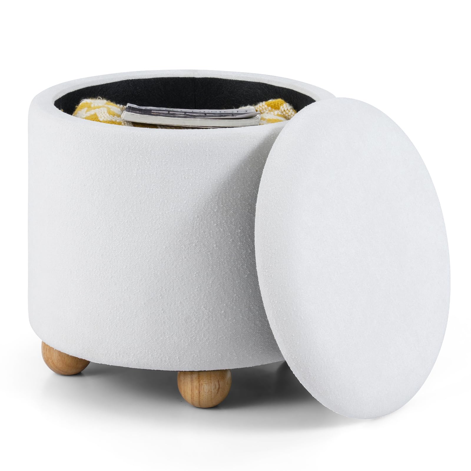 RELAX4LIFE Pouf Contenitore Imbottito, Poggiapiedi Rotondo con Gambe in Legno di Gomma e Coperchio Rimovibile, Sgabello Contenitore in Tessuto Ciniglia per Camera da Letto e Soggiorno (Bianco)
