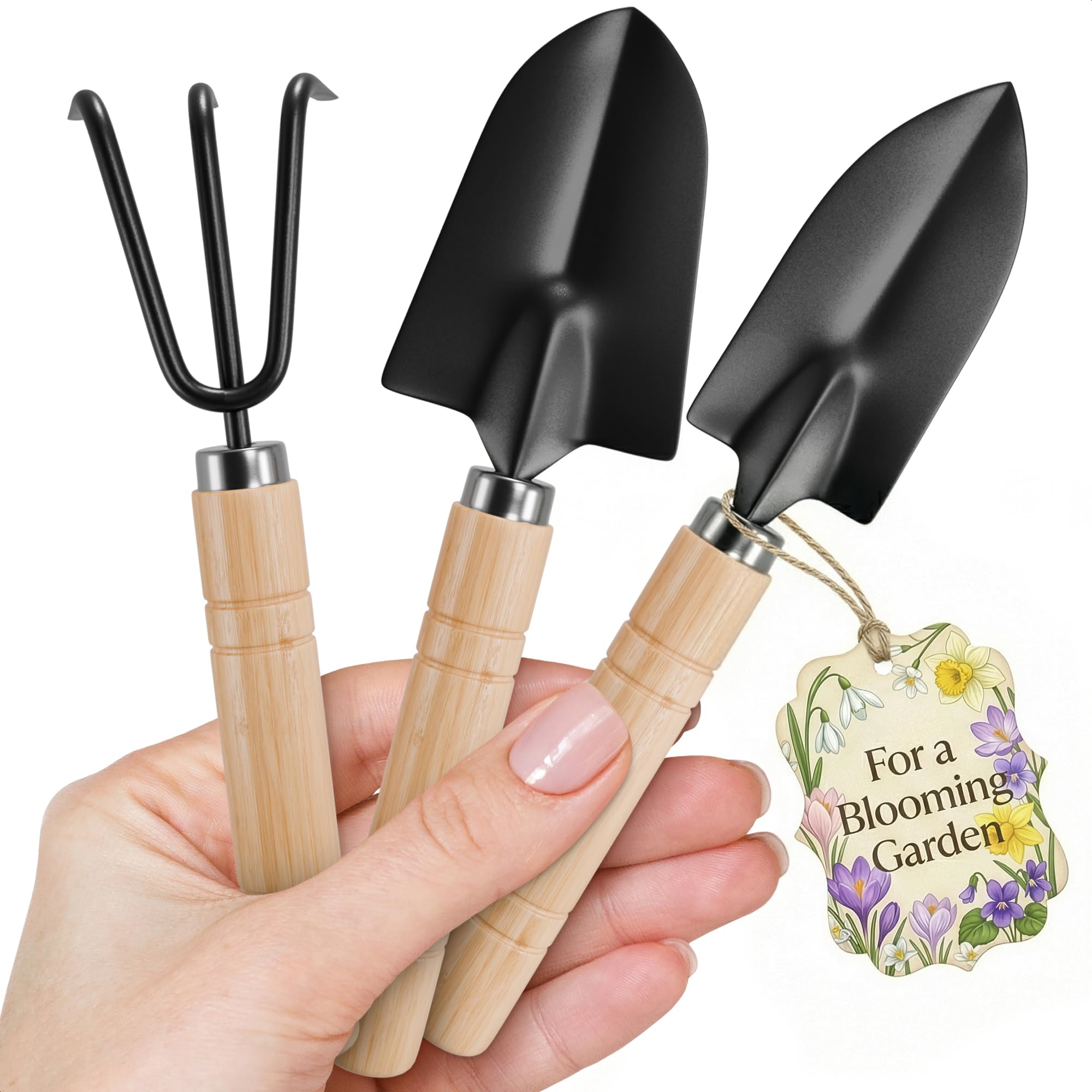 3 Pcs Mini Garden Tools for Gardening – Small Garden Tools Set with Mini Shovel, Small Trowel & Hand Rake, Rustproof Metal Build & Wood Handle – Shovels for Digging, Balcony Pots & Indoor Plant Care