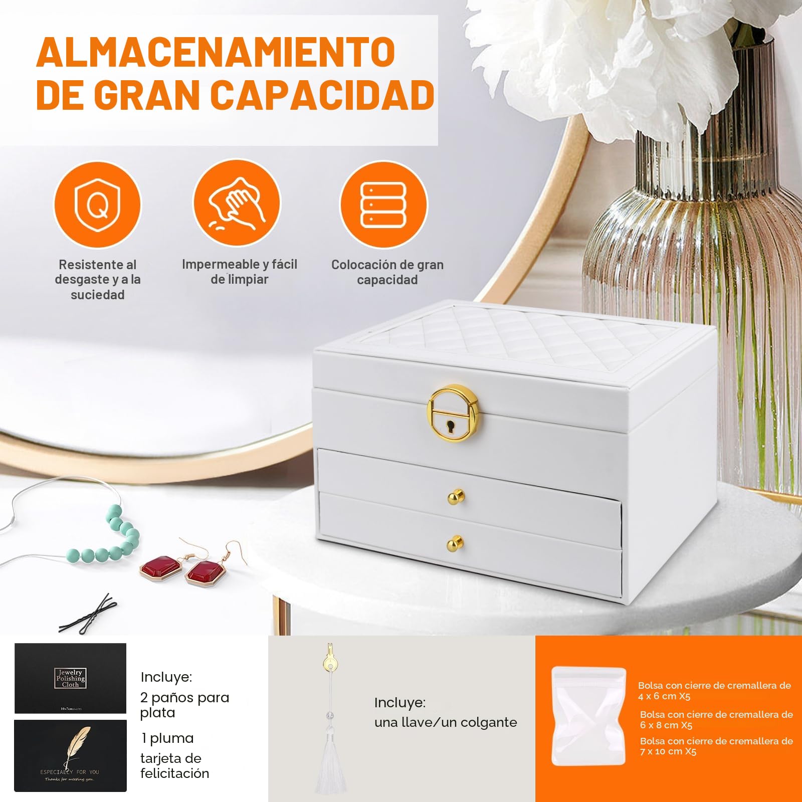Caja Joyero de 3 Niveles,Joyeros Mujer Organizador,Grande Joyero Viaje Cajones Niña,Joyero de terciopelo,con cerradura y llave,para Pulseras,Pendientes,Anillos,Collares,Relojes,Blanco