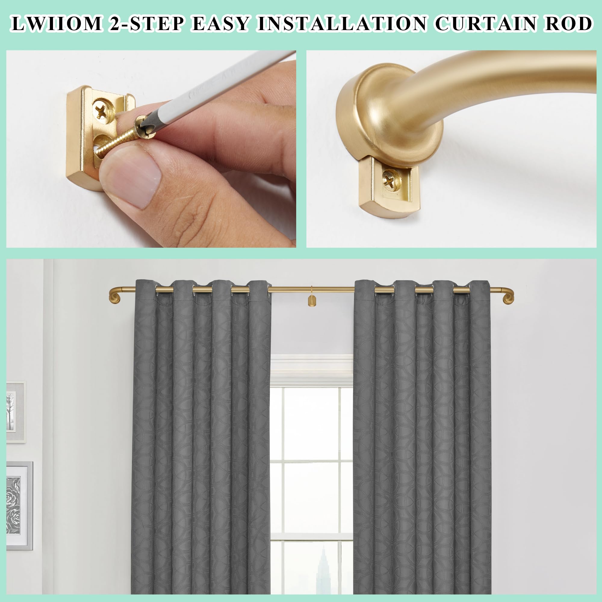 Lwiiom Brass Curtain Rod for Windows 28 to 56 Inch,Internal Splicing 1 Inch Diameter Disc Curtain Rod,Adjustable Room Darkening Curtain Rod with Aluminum Finials and Brackets,Wrap Around Design