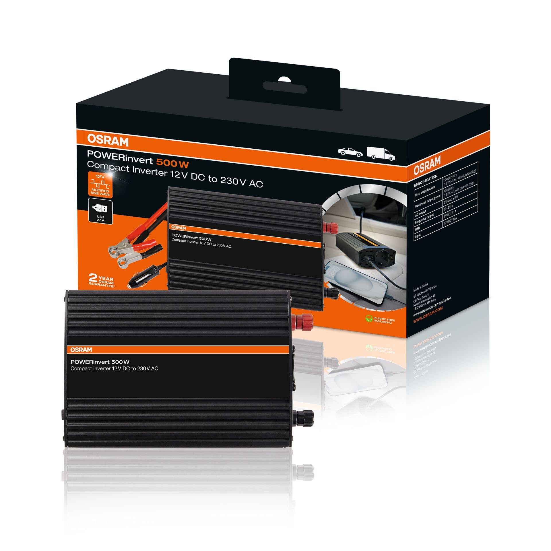 OSRAM POWERinvert Inverter a onda sinusoidale modificato 12V DC 500W, OEINVU500, powerbank, per esigenze energetiche autonome