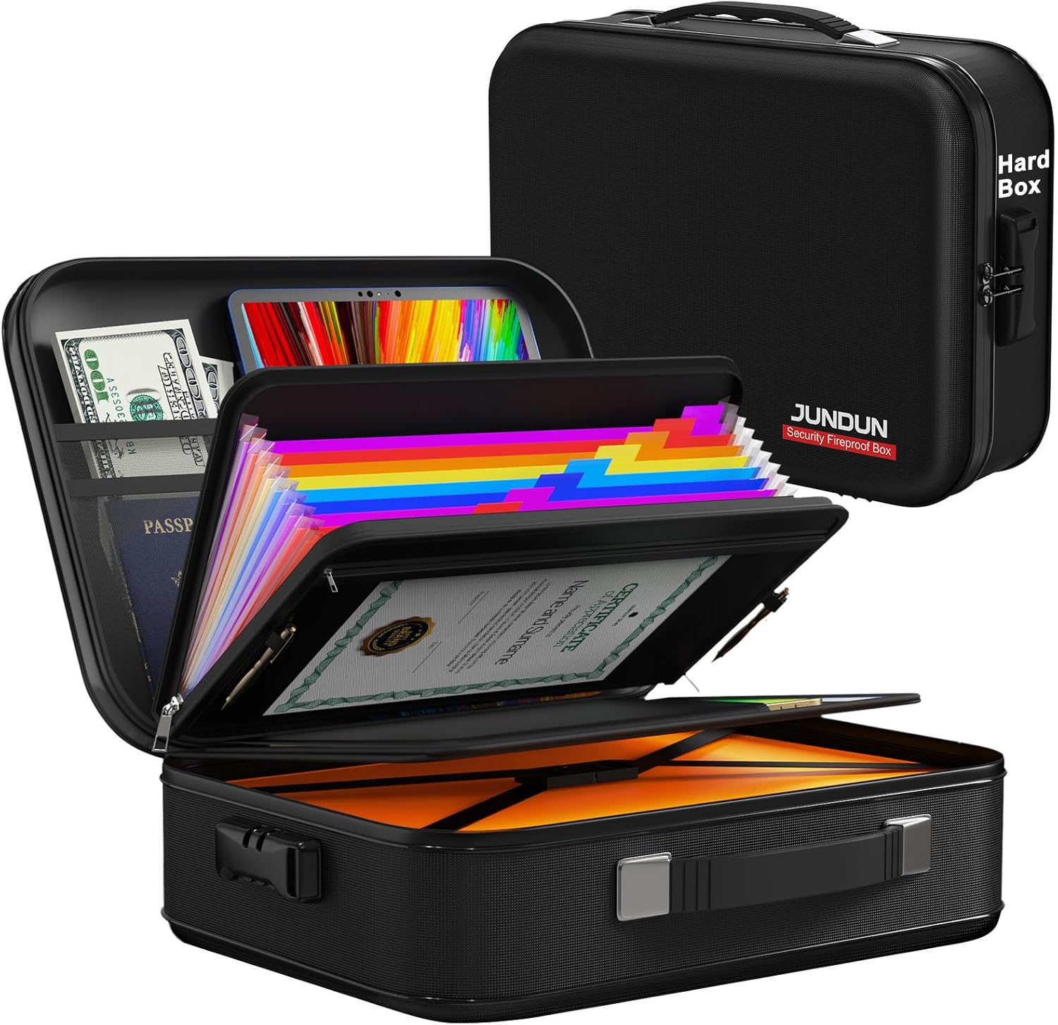 JUNDUN Fireproof Document Box,Hard Case Fireproof Document Organizer with Lock，Home Travel Portable Fireproof Safe Storage Box for Letter Size Documents,files,Papers and Passport,Colourful