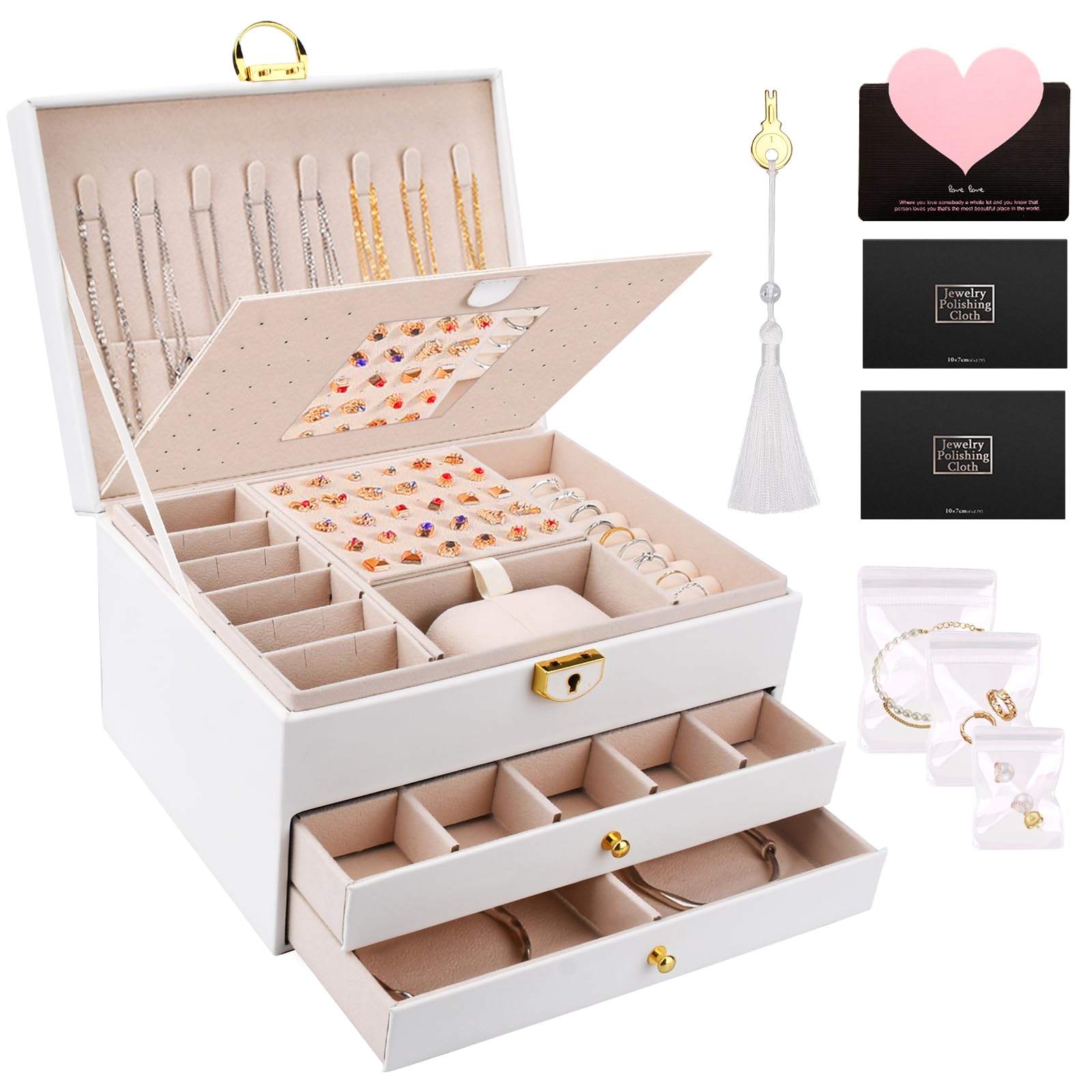 Scatola Porta Gioielli Portagioie In Pelle PU Custodia Per Organizzatore Di Gioielli Con Cassetto E Coperchio In Vetro Trasparente Per Collane, Bracciali, Anelli, Orecchino Di Blocco Portagioielli Cof