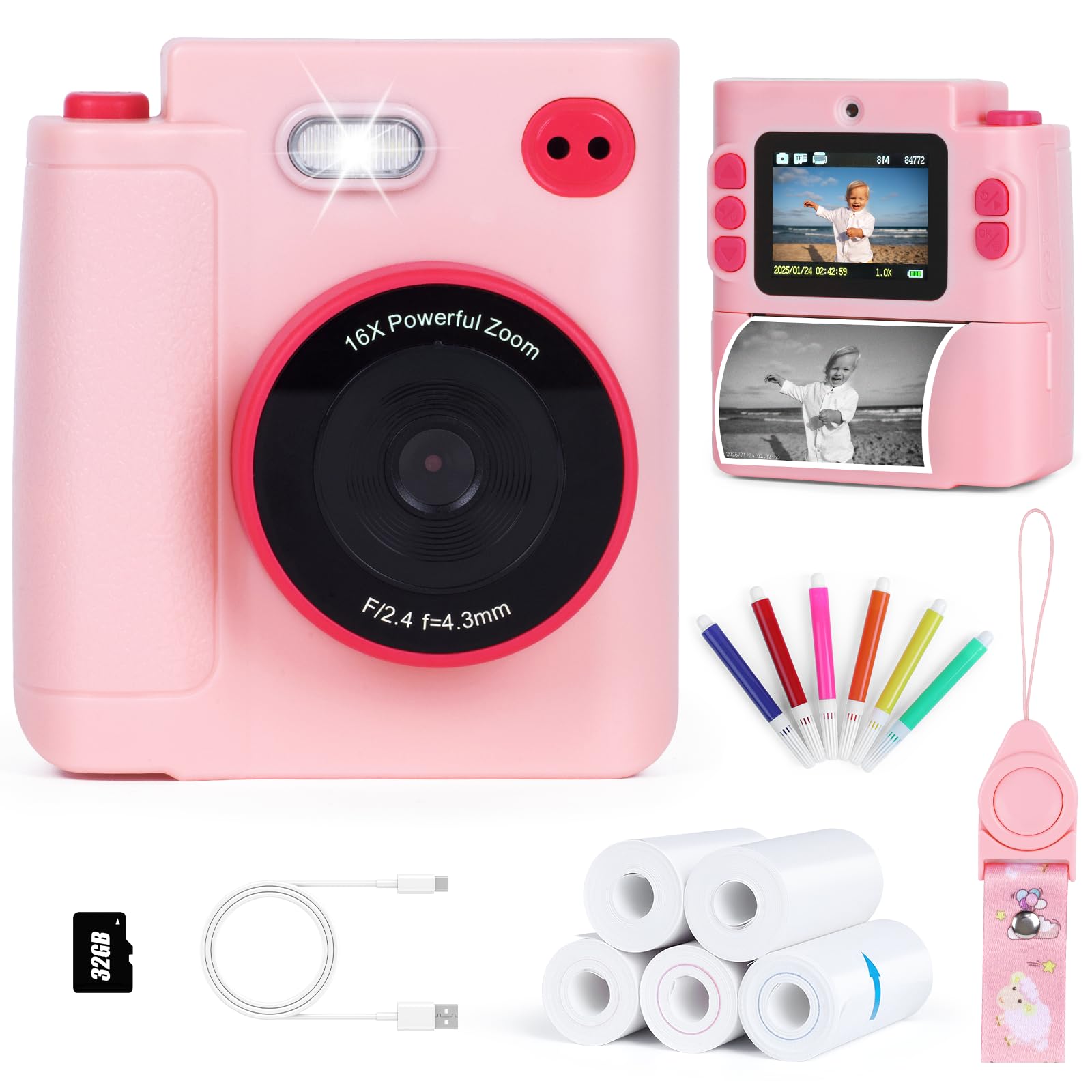 Kids Camera Instant Print, 1080P HD Dual-Lens Selfie Digital Camera with 5 Printing Paper Rolls & 32G TF Card, for Children, Portable Toddler Toy for