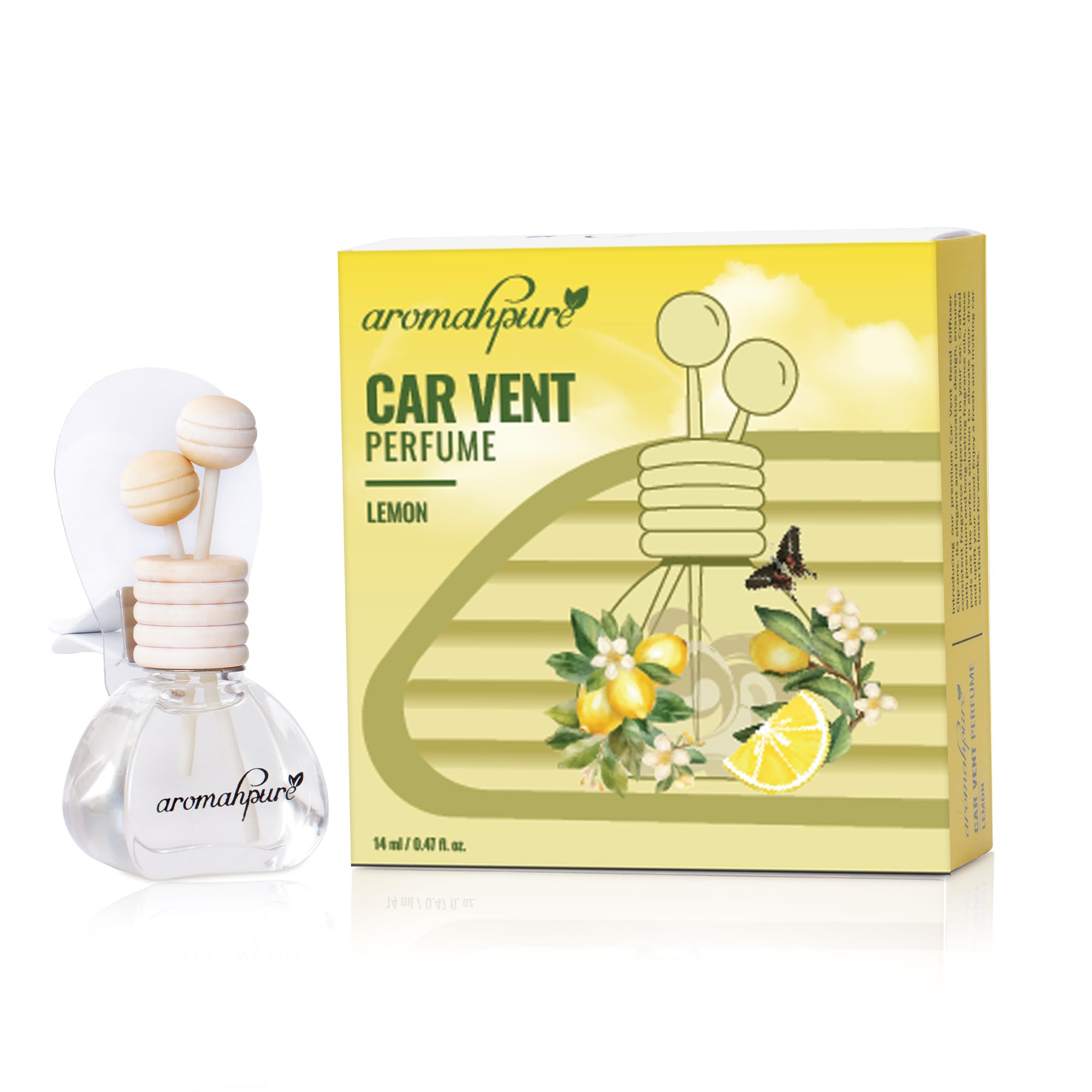 Aromahpure Premium Car Perfume Vent Clip |14 ML | Lemon Fragrance Car Air Freshener | Natural Essential Fragrance Oils in Glass Bottle with Wooden Reed Sticks | Last upto 30 days, IFRA certified