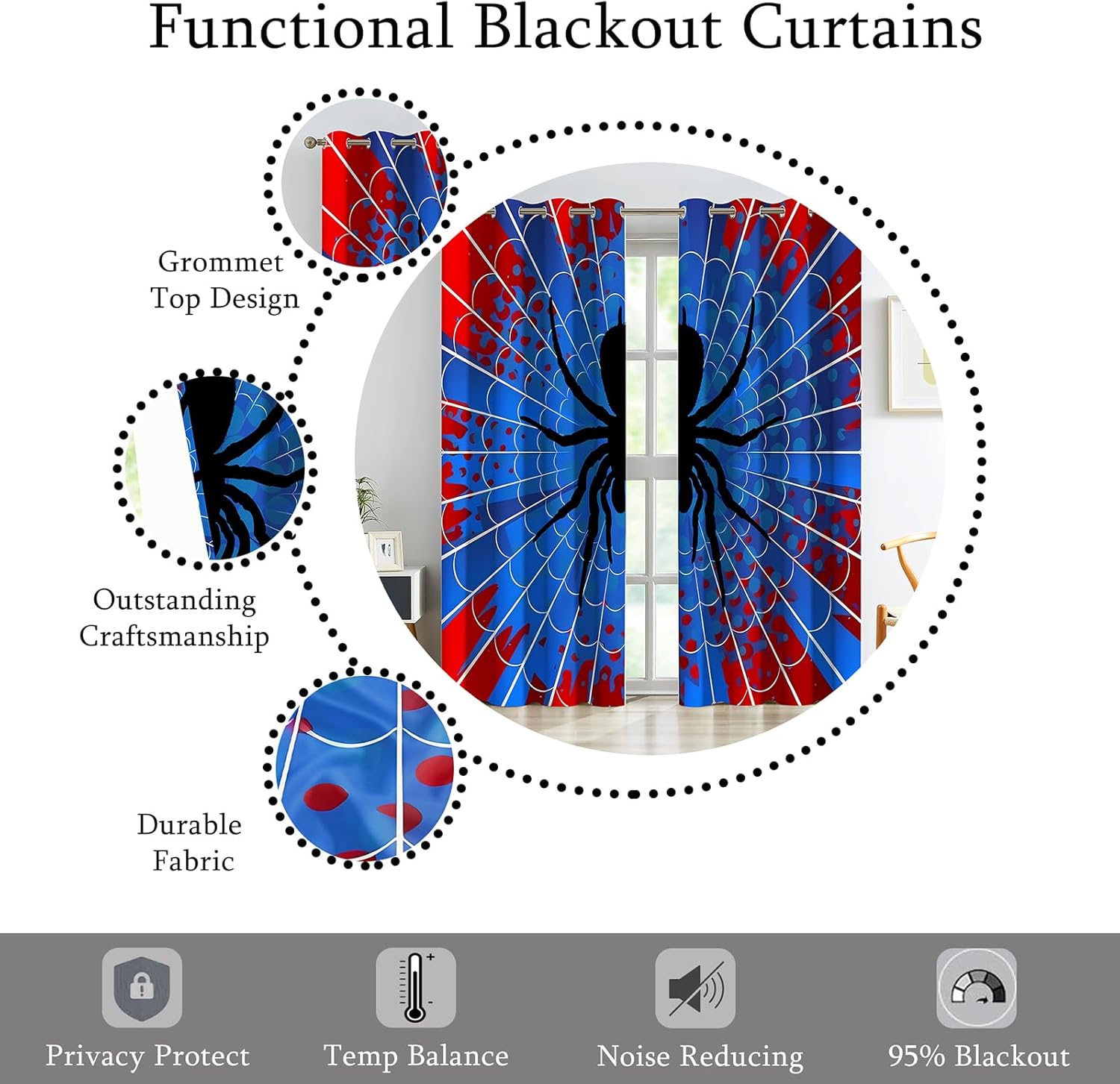 Spider Web Curtains - Superhero Theme - Blackout Thermal Insulated Drapes for Kids Room, Bedroom, Living Room - Blue & Red Design - 42 x 84 Inches, 2 Panels