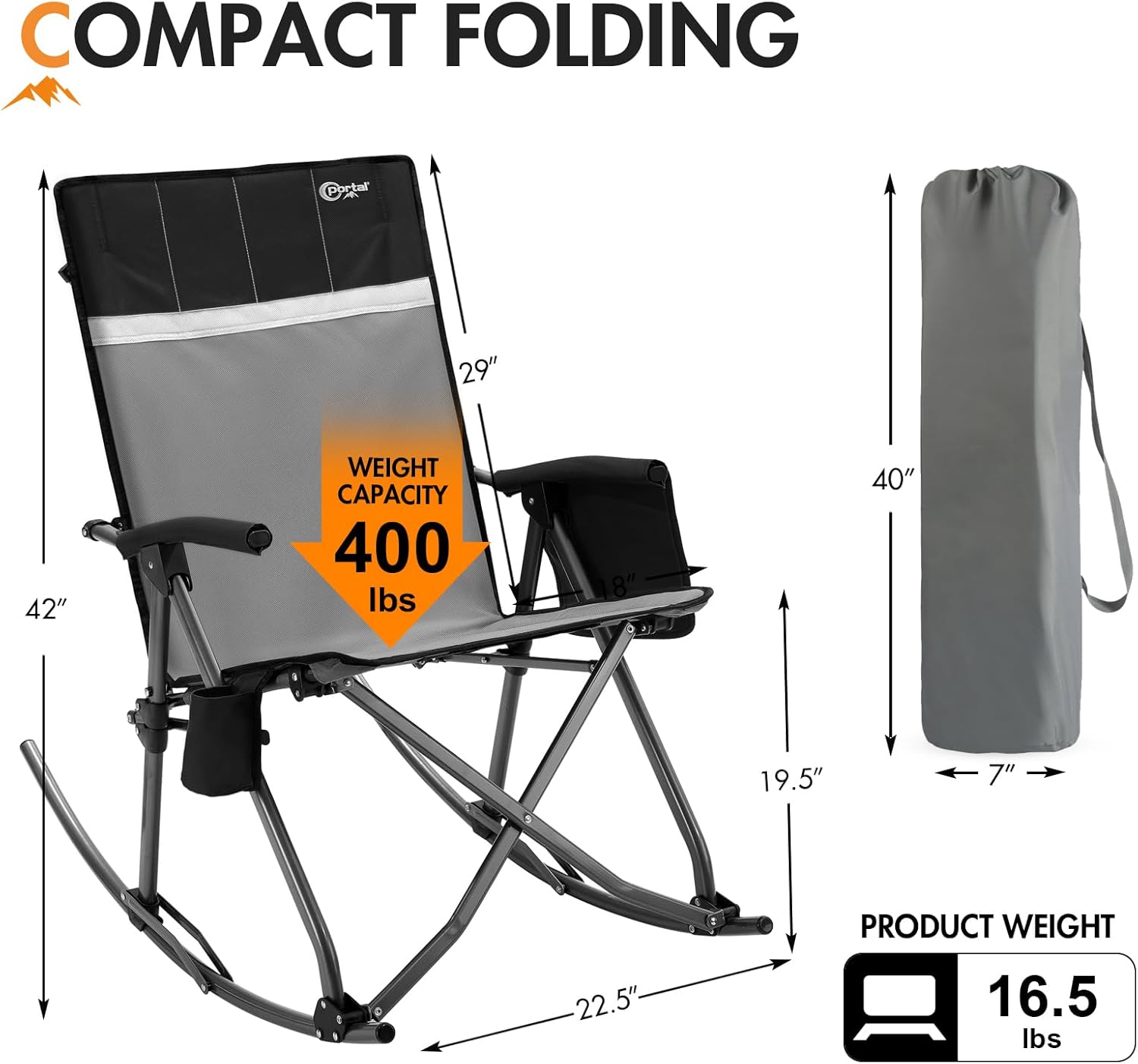 Portal Oversized Folding Rocking Camping Chair for Adults, Portable & Foldable Outdoor Lawn Rocker Chairs with High Back Hard Armrests Carry Bag for Outside, Camp, Patio, Supports 400lbs, Grey&Black