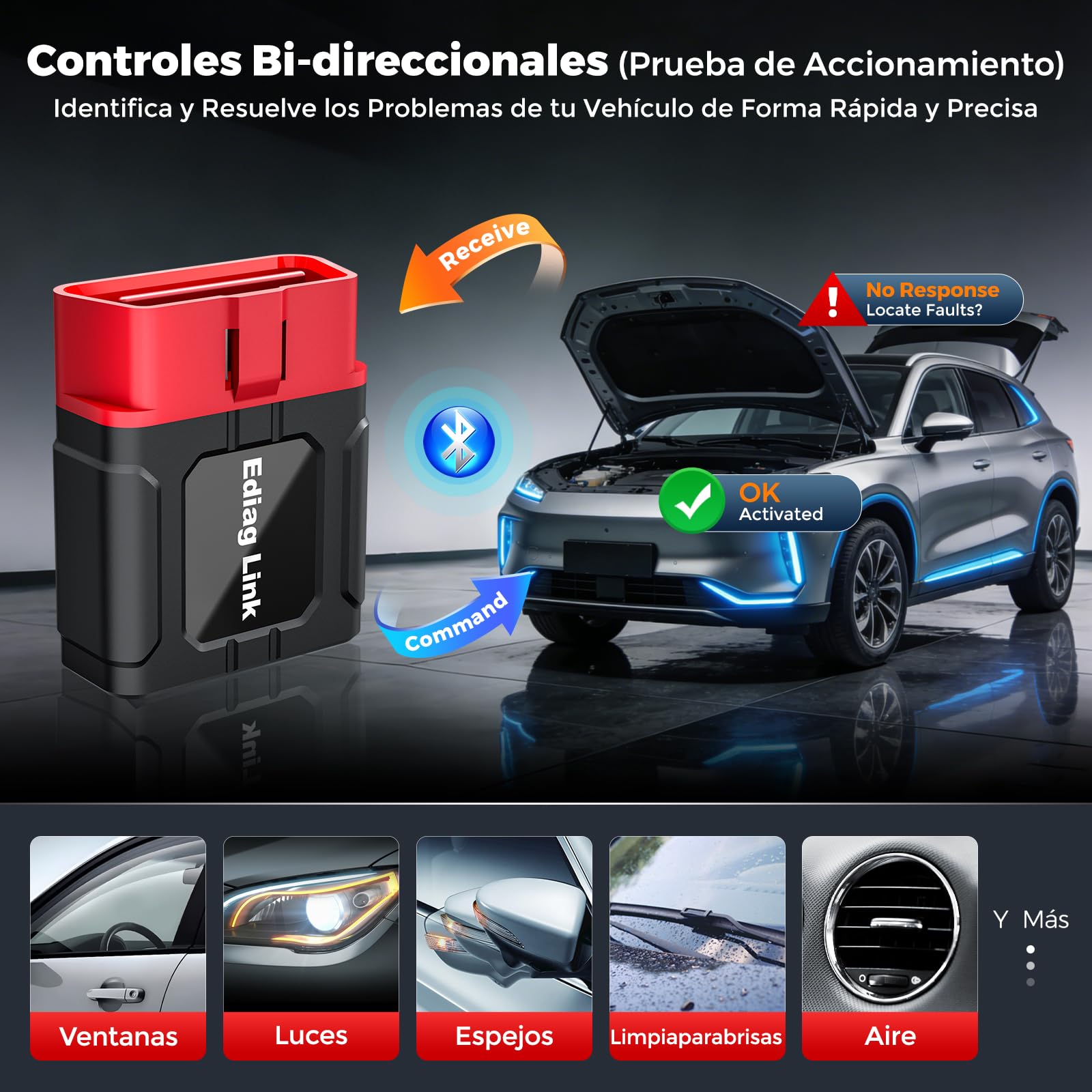 KINGBOLEN Ediag Link OBD2 Diagnosis Sistema Bi-direccional Diagnosis Coche Multimarca, 10 Reinicios(Inyector/TPMS/DPF/SAS/Aceite/ABS/Frenos/ETS/EGR/BMS), Comprobación Emisiones, Guía Reparación