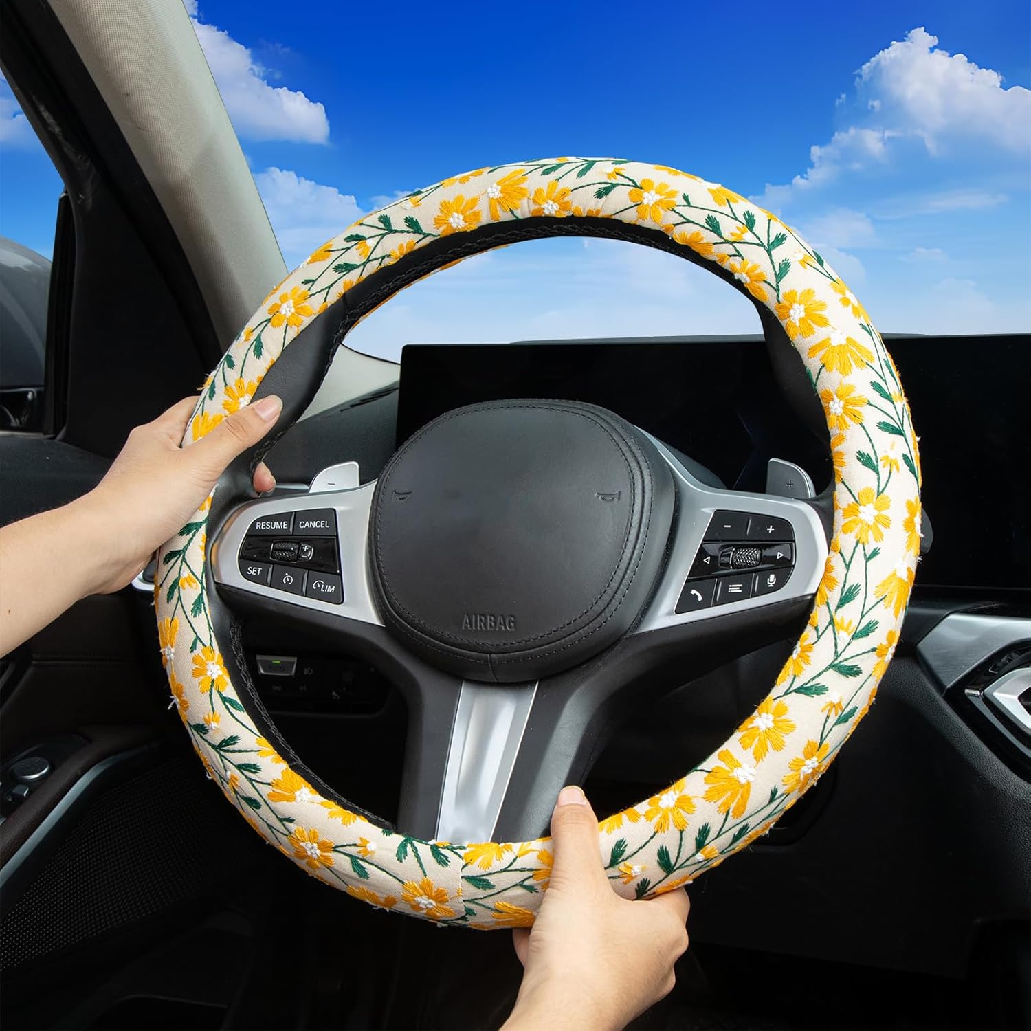 Embroidered Flowers Cute Yellow Daisy Steering Wheel Cover Auto Anti-Slip Breathable Rubber Steering Wheel Protector,Floral Car Accessories for Women,Universal Size Fit Most Cars -15 inch - Image 2