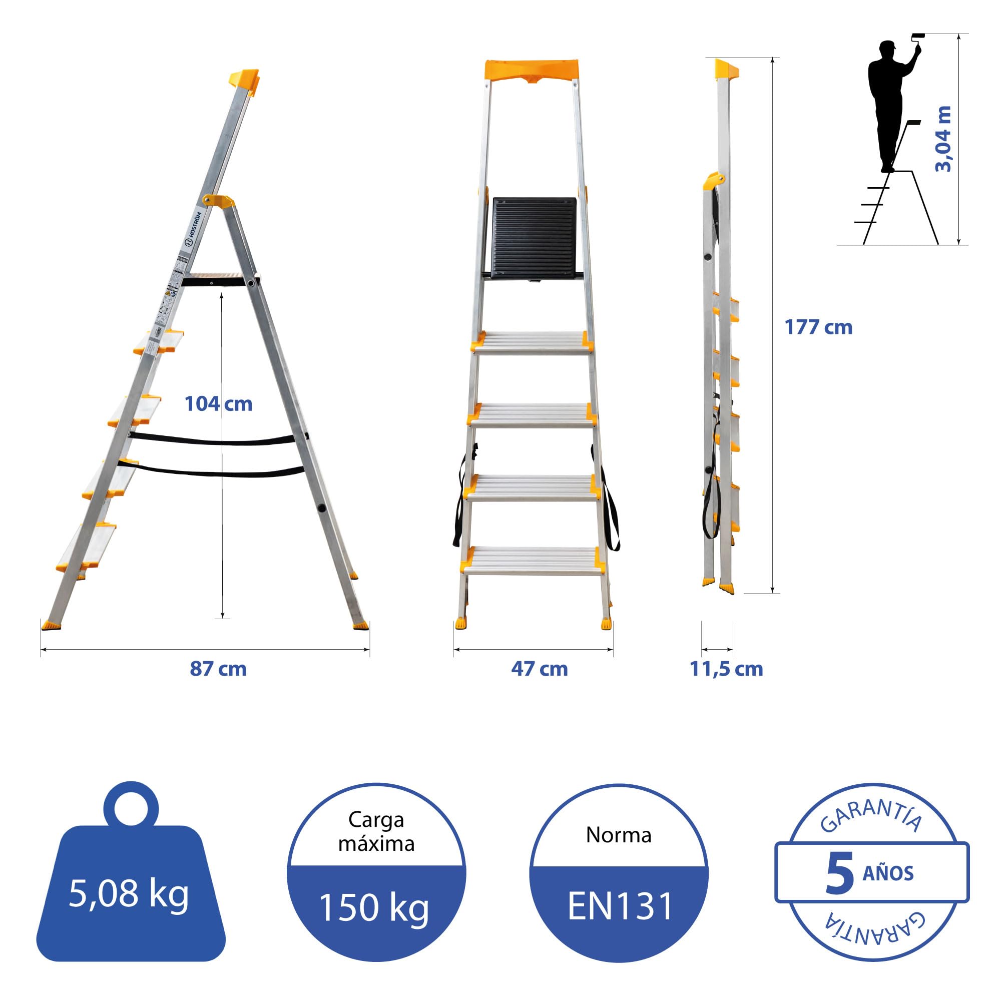 HOSTRÖM Escalera 5 peldaños de Aluminio, Taburete Plegable con Bandeja portaherramientas, peldaños 12 cm, Uso doméstico y Profesional, garantía 5 años.