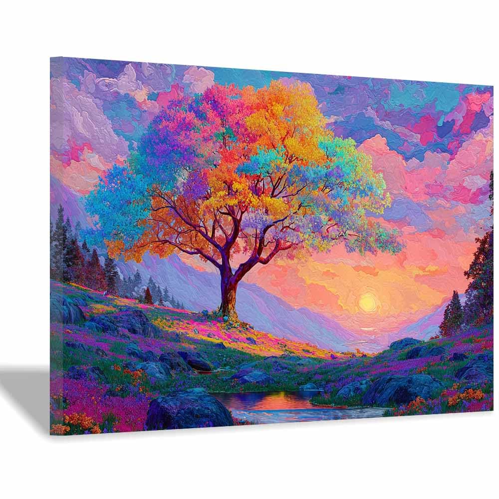 ZAMAEIU The tree of life Sunset-Crowned Tree Canvas Paintings Abstract Tree,Wall Art Poster Modern Room Bedroom Home Decor Geometric Print Patterns(multicolored)-70x100cm Framed