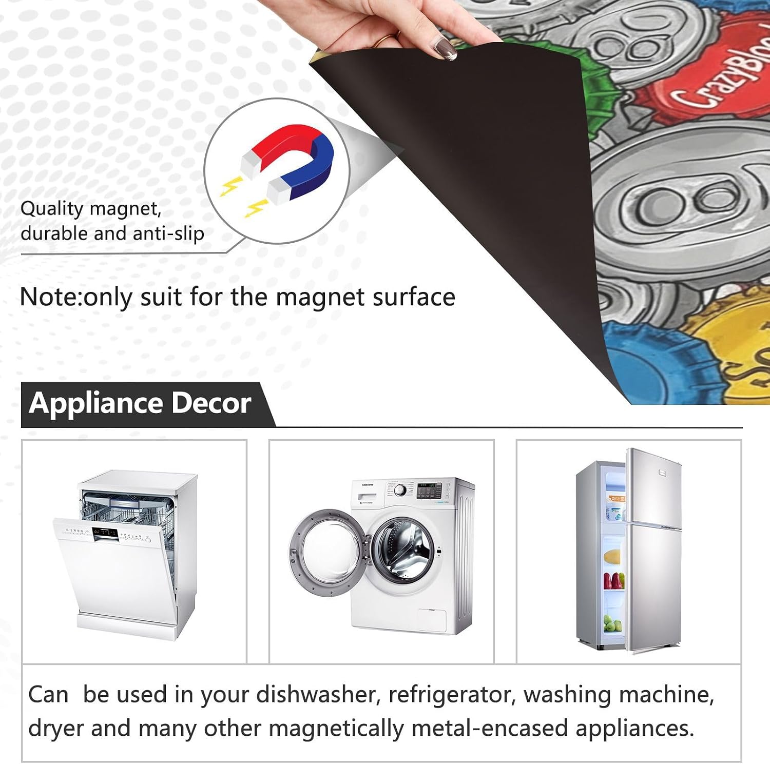 QUGRL Colorful Bottle Caps Soda Dishwasher Magnet Cover Front Door Decorative Refrigerator Covers Magnetic Sheet Sticker Wash Machine Fridge Panel Decal for Kitchen Appliance 23x26 in