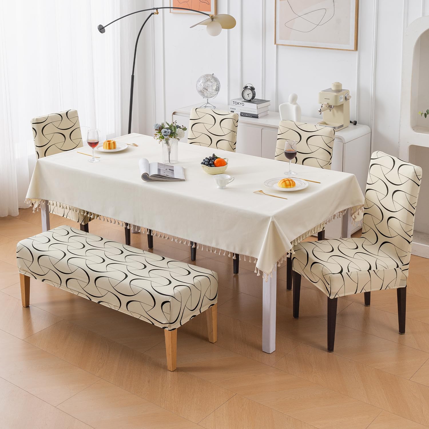 HOKIPO Dining Chair Covers - Beige Abstract Art -1