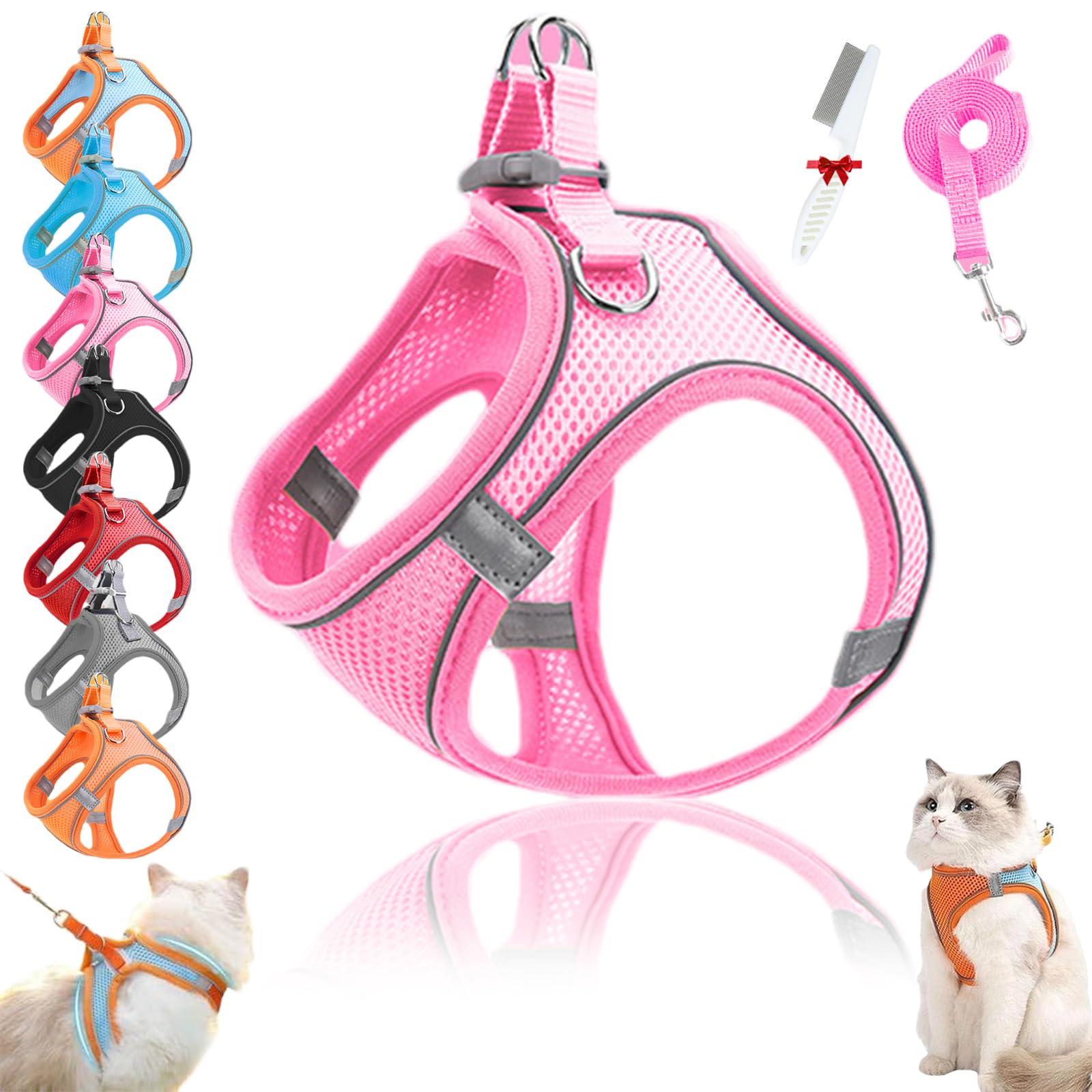 Stimulicat Cat Harness, Harness Adjustable Soft Mesh Vest, Escape Proof Outdoor Cat Leash with Reflective Safety Strips No Choke No Pull, Easy to Wear