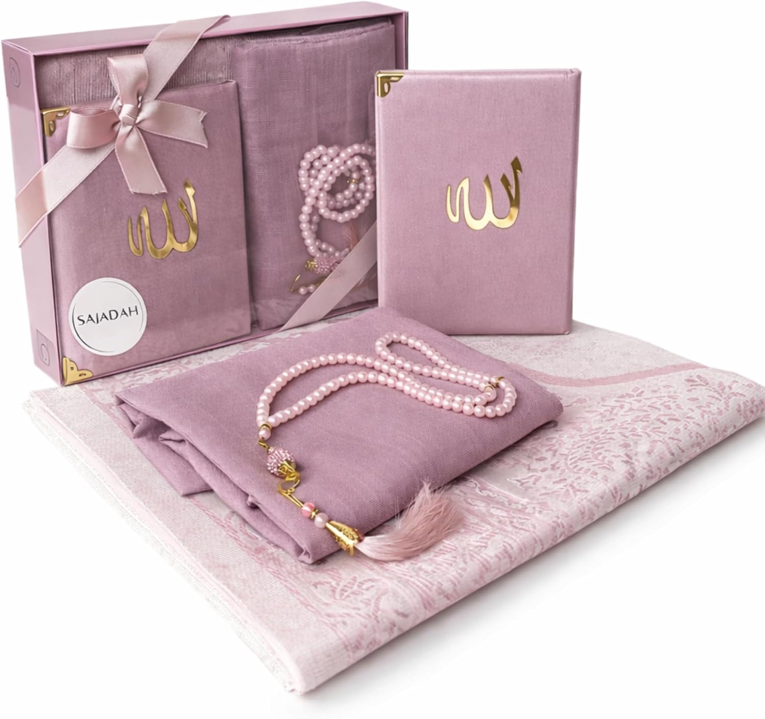 SAJADAH Muslim Prayer Rug Set - 4 in One Islamic Gifts Set, Prayer Mat, Prayer Beads, Hijab, Surahs Book,Eid Gifts