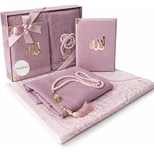 SAJADAH Muslim Prayer Rug Set - 4 in One Islamic Gifts Set, Prayer Mat, Prayer Beads, Hijab, Surahs Book,Eid Gifts
