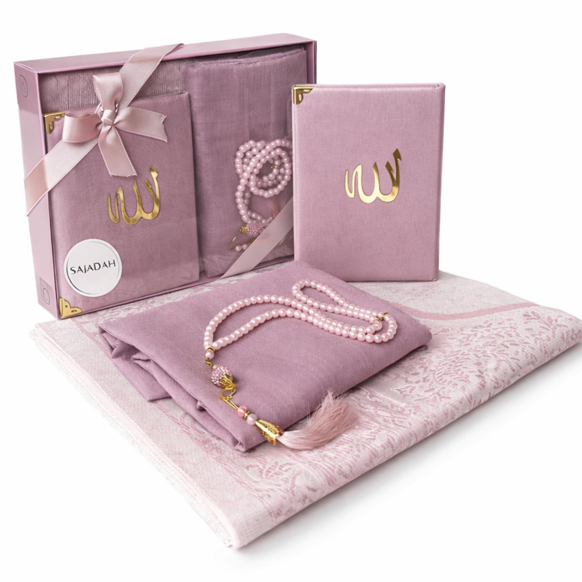 SAJADAH Muslim Prayer Rug Set - 4 in One Islamic Gifts Set, Prayer Mat, Prayer Beads, Hijab, Surahs Book,Eid Gifts