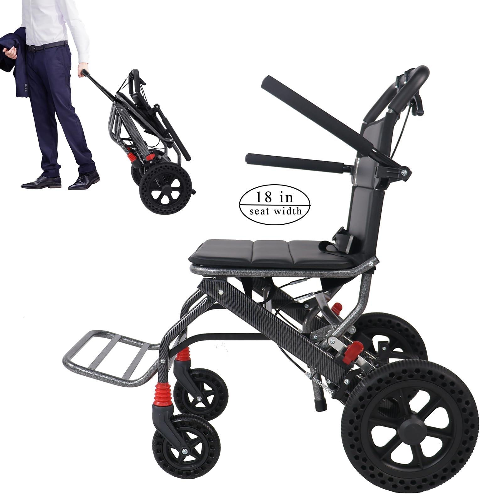 Lightweight Wheelchairs with Handbrake, Compact Wheelchair, Ultralight Folding Travel Wheelchair for Adults, 11" Rear Wheels