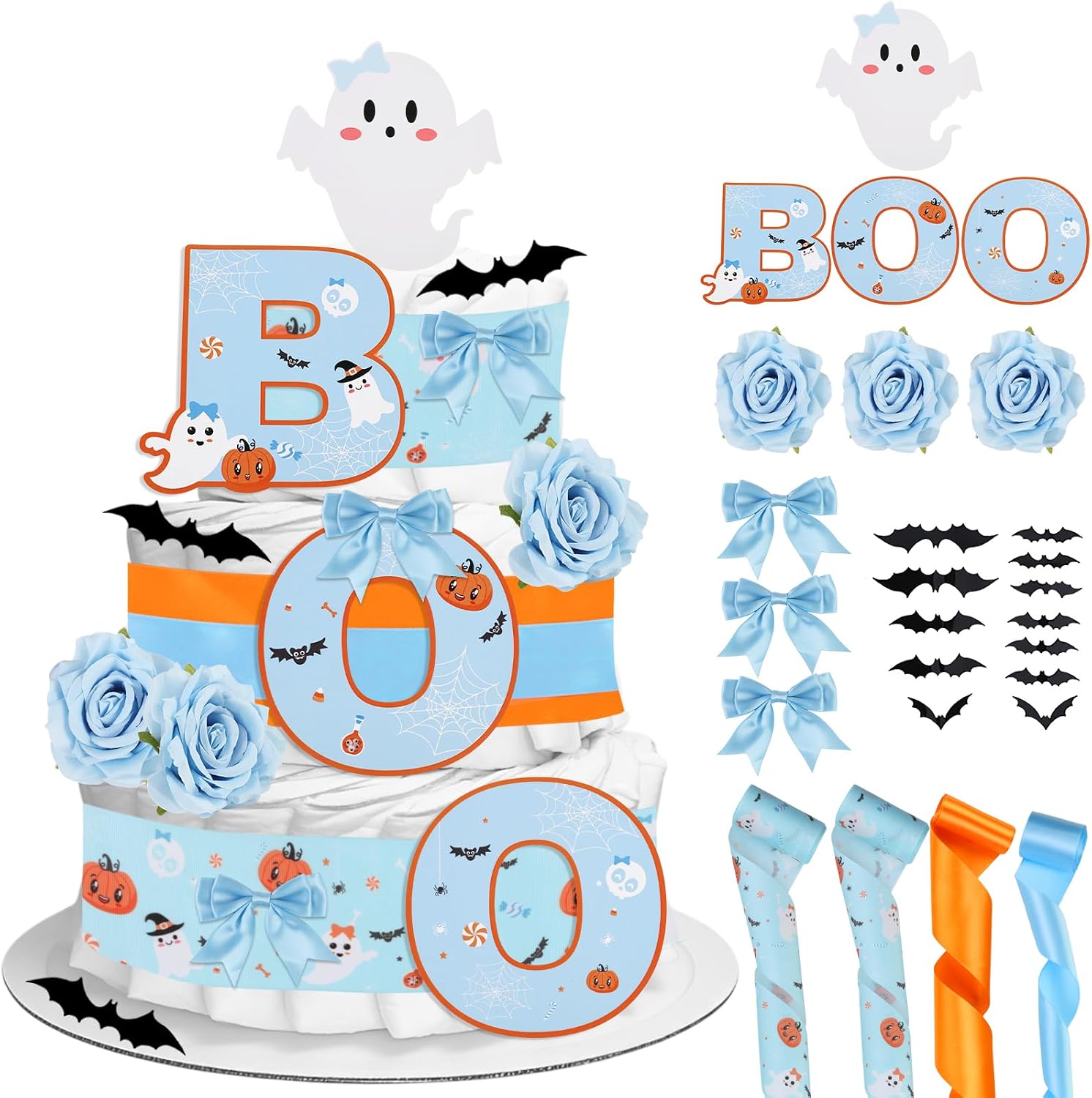 Halloween Baby Shower Diaper Cake Decorations Kit Orange Blue for Birthday Gender Reveal Party, Include Pastel Rainbow Ribbon, Bow Tie, Decor Card, Artificial Flower (Diaper Not Included)