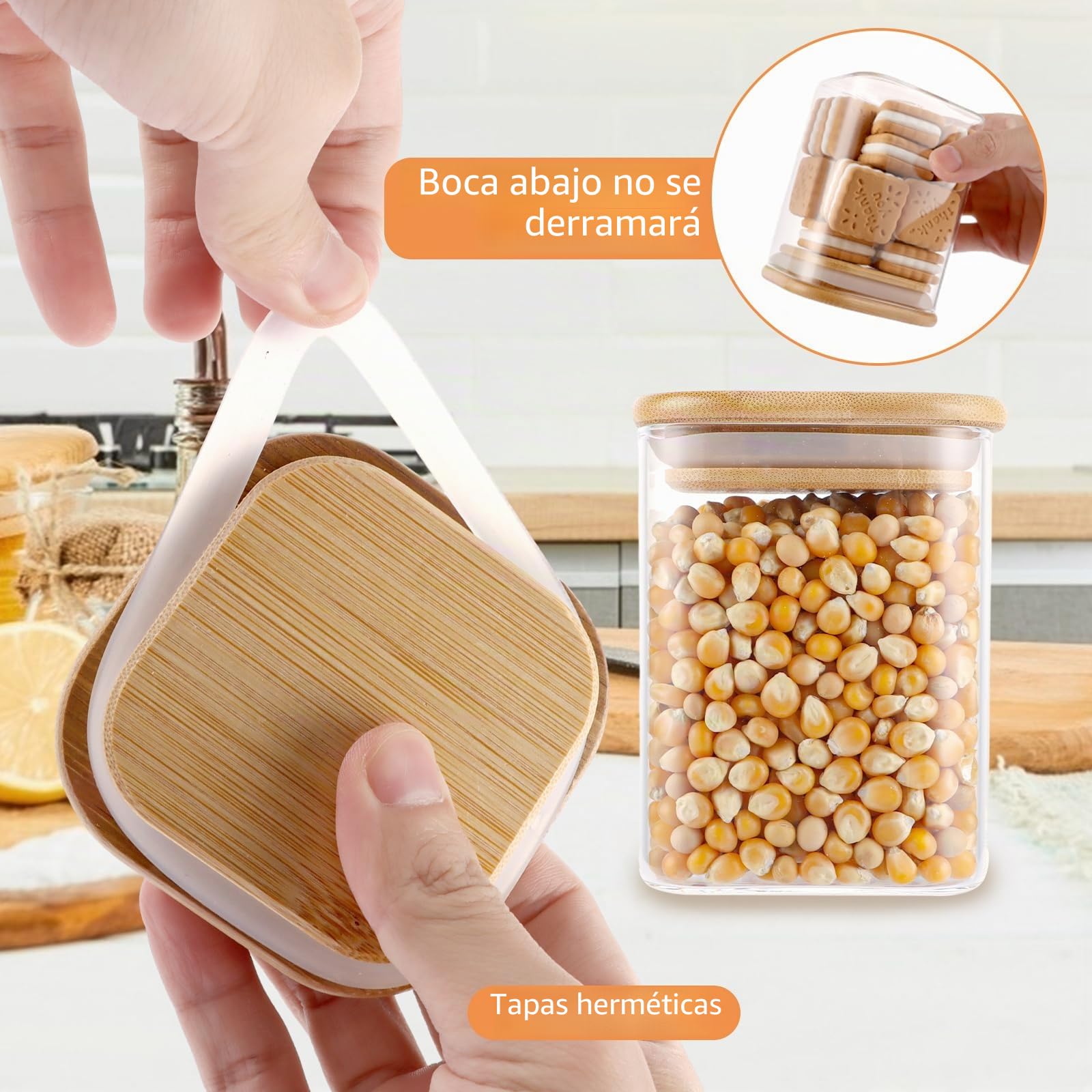 YAYODS 8 tarros de cristal rectangulares con etiquetas, 0,5 L, herméticos, pequeños, con tapa de madera, para granos de café, espaguetis, harina, azúcar (sin BPA)