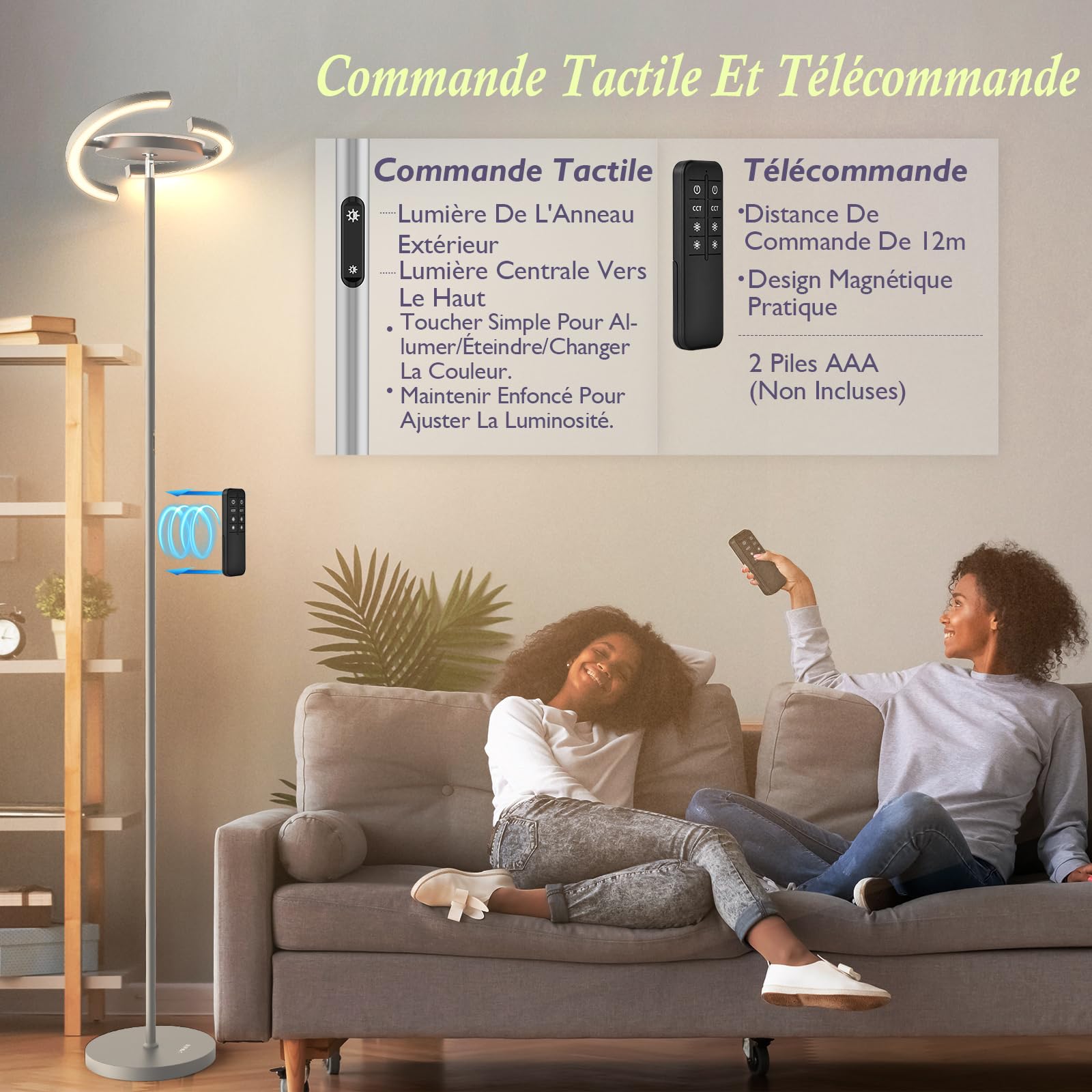 FIMEI Lampadaire, 3000K-6000K Température de Couleur & Gradation Continue, Avec Télécommande et Commande Tactile, Lampadaire Led sur Pied pour Salon, Lumière Centrale Vers le Haut, 36W