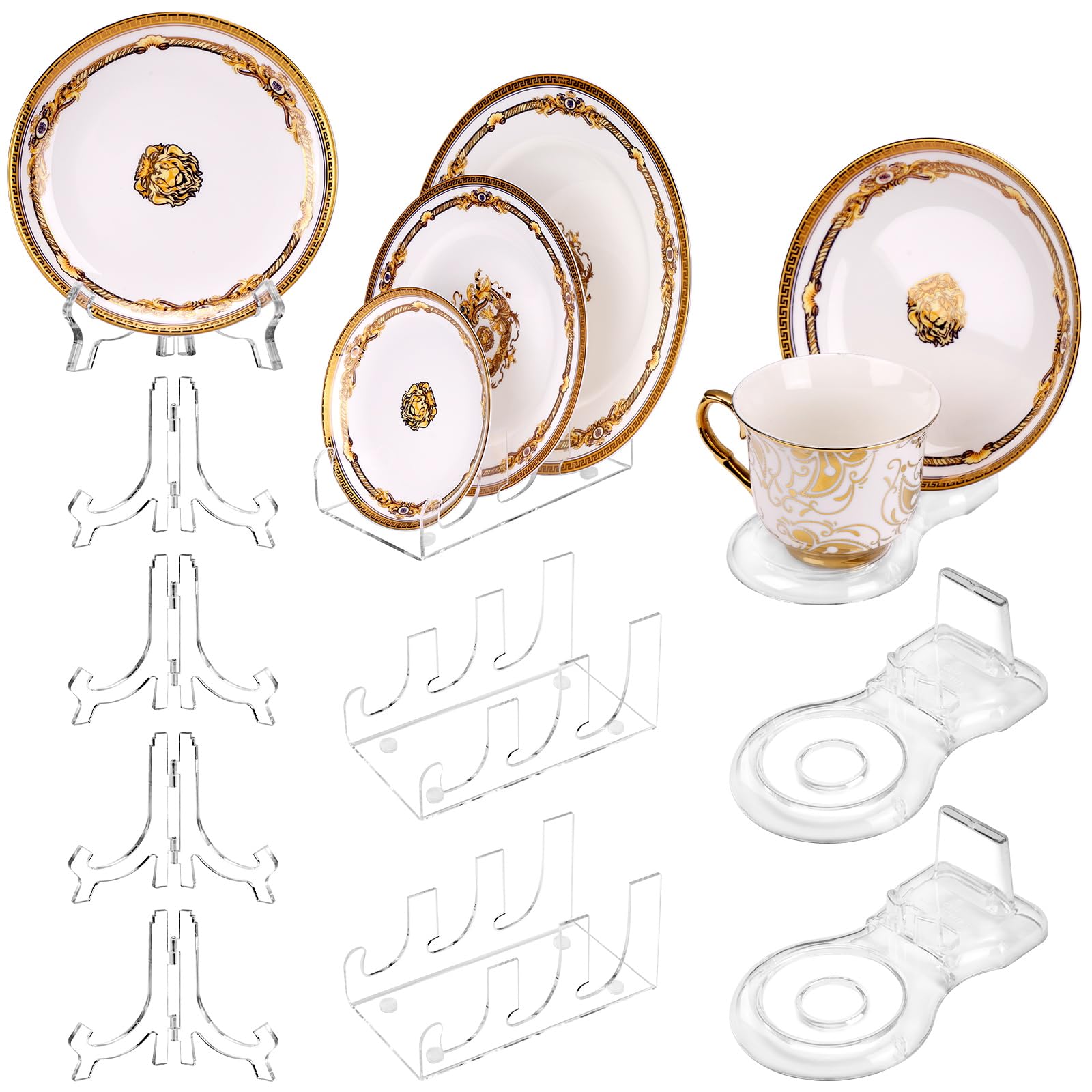 Affbei 8 Pack Acrylic China Dinnerware Display Stand 4 Pcs 4 Inch Acrylic Easel Holder 2 Pcs Tea Cup Display Stand 2 Pcs 3 Tiers China Plate Holder