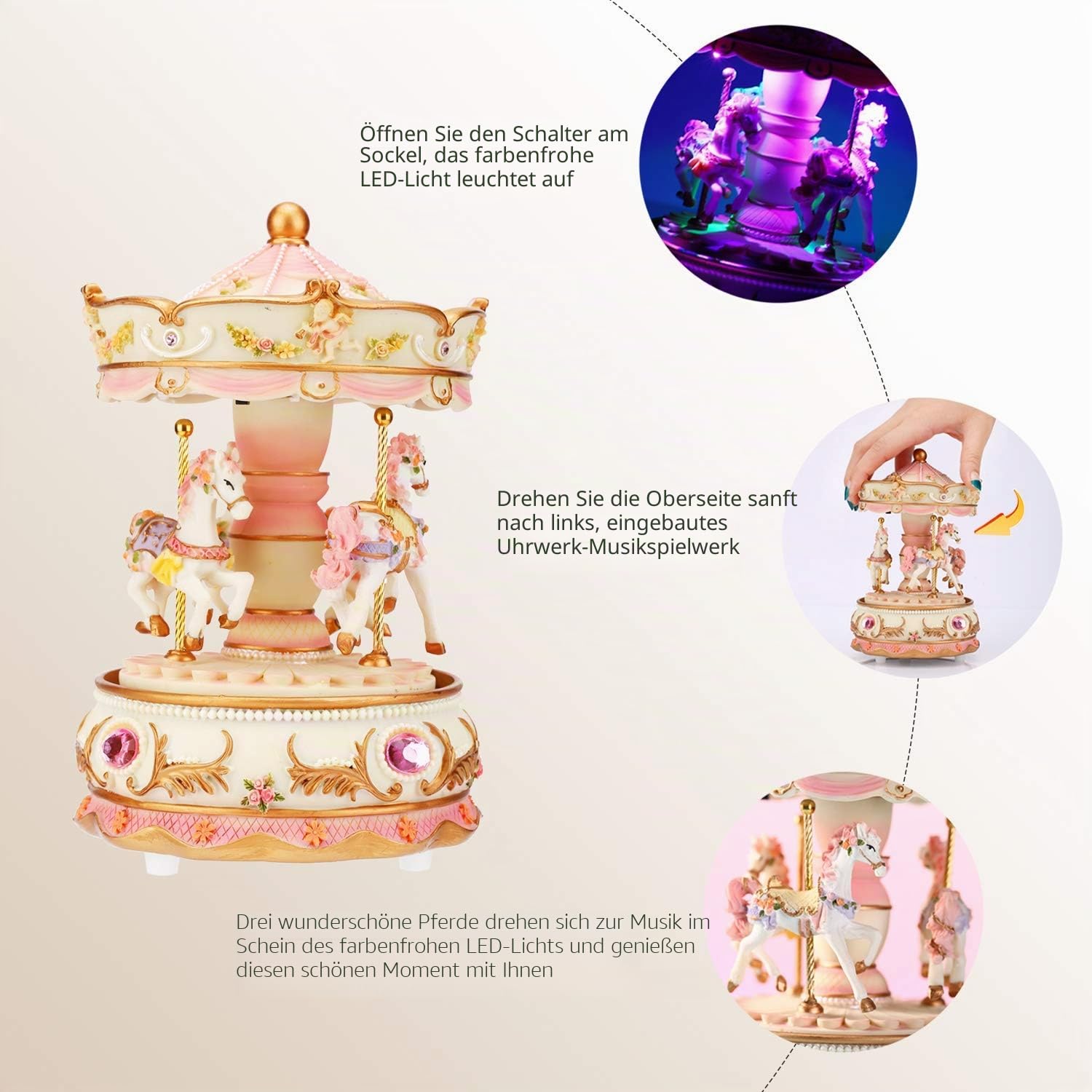 LOVE FOR YOU Geschenk verpackt Spieluhr Karussell Pferd farbige Lichter Einhorn Musik für Mädchen Frauen Kinder Baby Tochter Mutter Enkelin Oma Weihnachten Geburtstag Geschenke