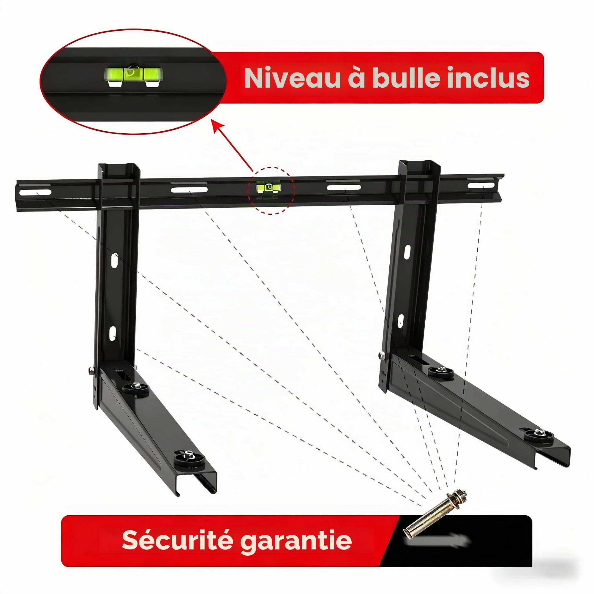 Wostore Support mural universel pour climatiseur extérieur 550 mm 9000-36000 BTU jusqu'à 160 kg, console murale pour climatiseur split et pompe à chaleur robuste et stable (noir 550 mm)
