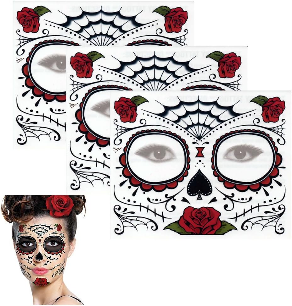 Temporary Tattoos Sugar Skull Rose Design (3 Kits)