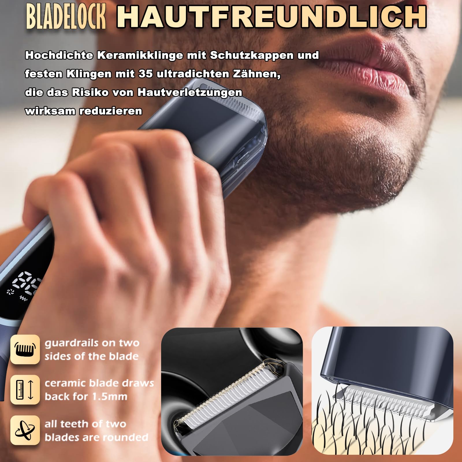 Vakuum Barttrimmer Herren, Wiederaufladbarer Bartschneider Herren Elektrisch Rasierer, IPX7 Wasserdichter kabelloser haarschneidemaschine (ab 1 mm bis 20 mm) mit Typ-C Aufladung, LCD Display (Blau)