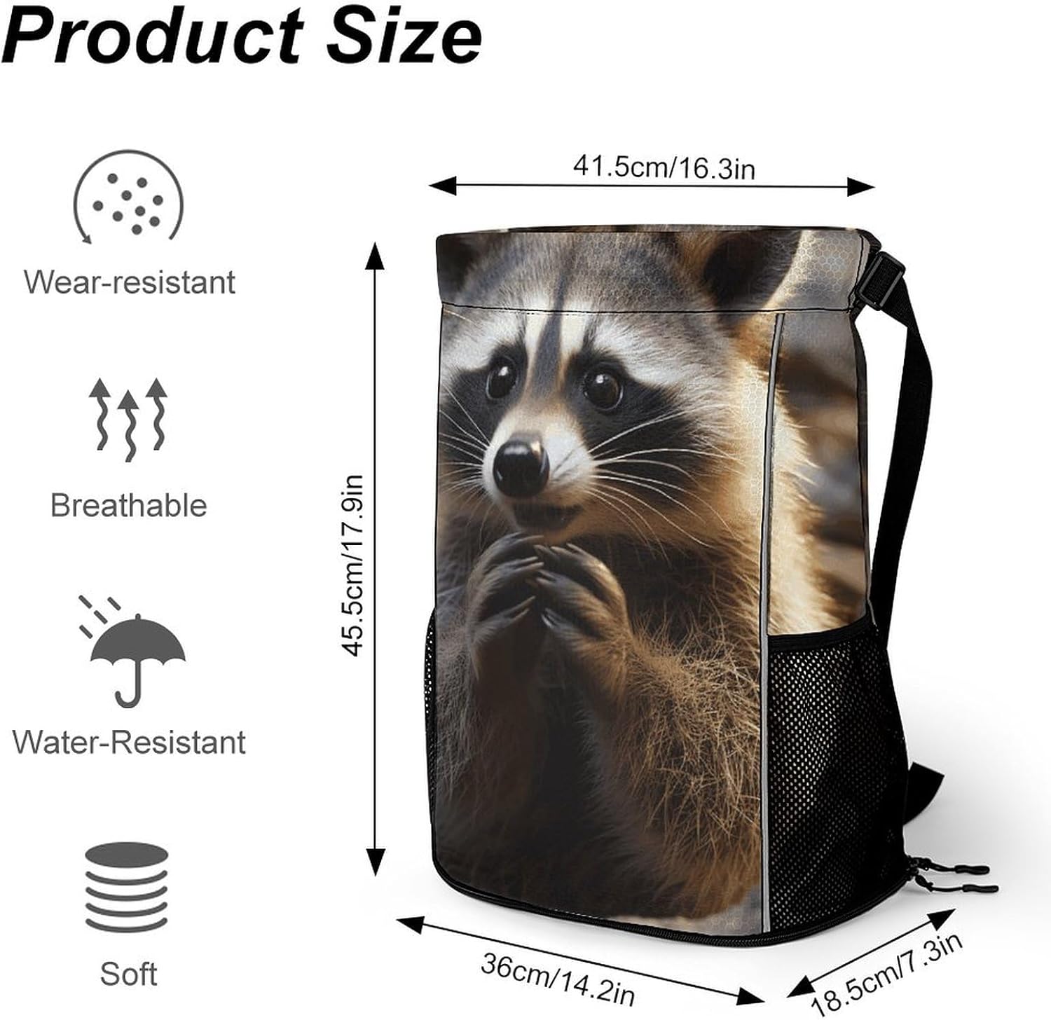 Sports Drawstring Backpack Cute Raccoon Lightweight Backpack Dry And Wet Separation Large Capacity