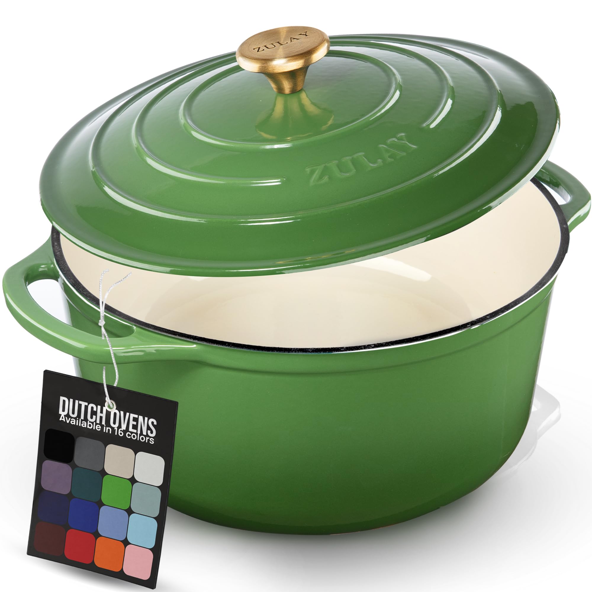Zulay Kitchen 6.4 Quart Enameled Cast Iron Dutch Oven Pot with Lid Oven Safe up to 500°F. Heavy-Duty Enameled Cast Iron for Sourdough Bread Baking, Stews, Braising & Roasting, Soup Pot with Lid - Green
