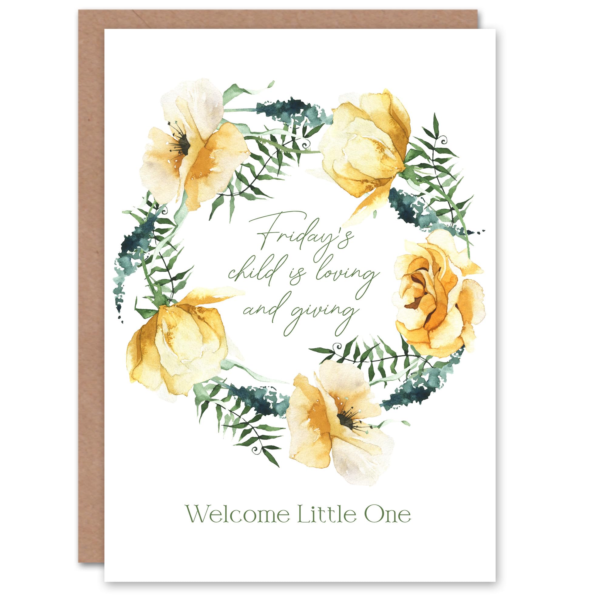 Artery8 Friday's Child Loving and Giving Floral Wreath New Baby Card