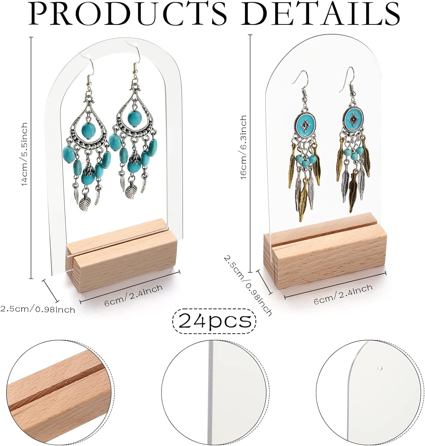 48 Pieces Acrylic Earring Display Stand Jewelry Retail Holder Arch Holder Solid Hollow Acrylic Sign Stand Jewelry Displays with Wooden Bases for Studs Dangle Earring
