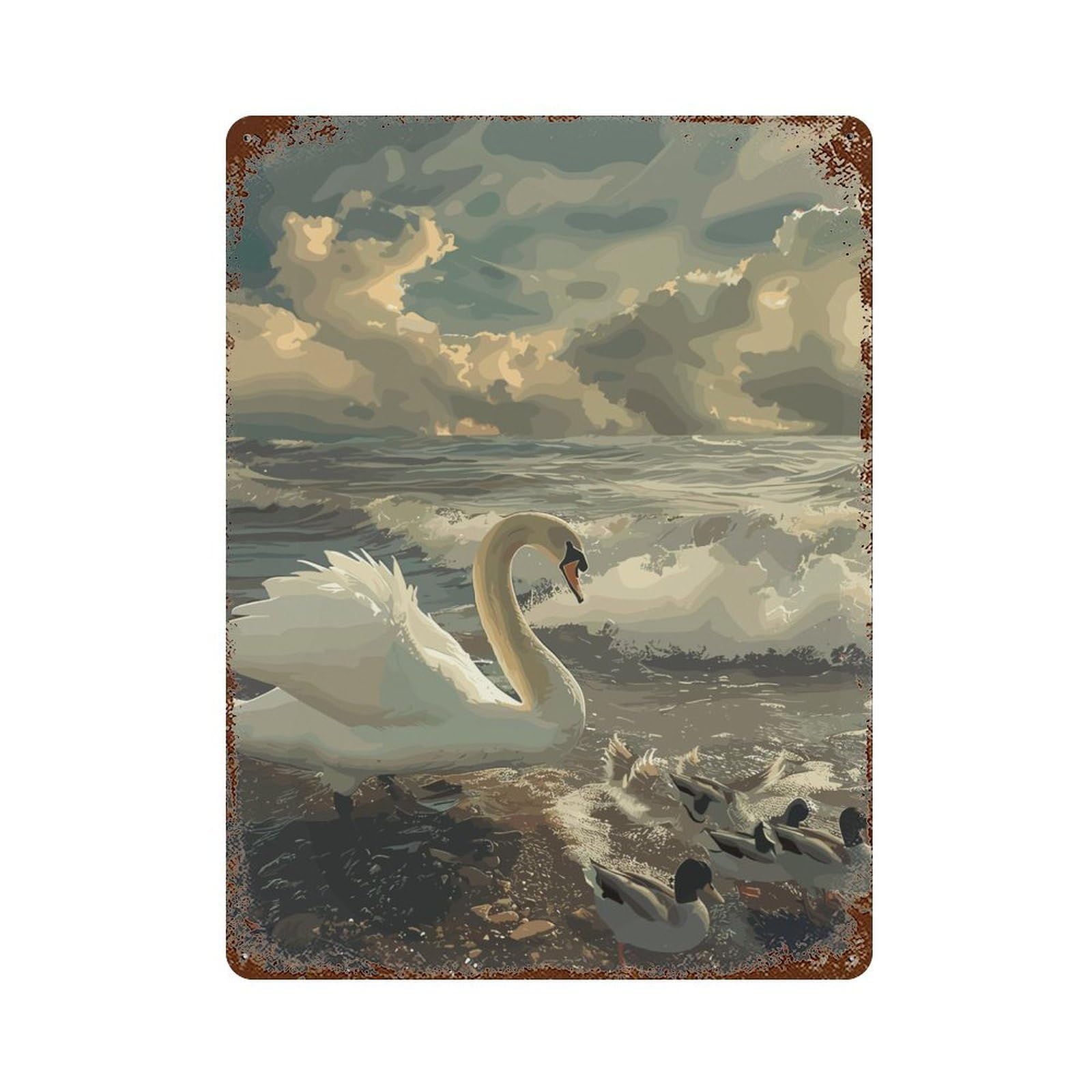 Swan And Family Vintage Wall Sign 15.7"x11.8", Rust Effect Metal Decor for Basement, Hobby Room And Garage Decor