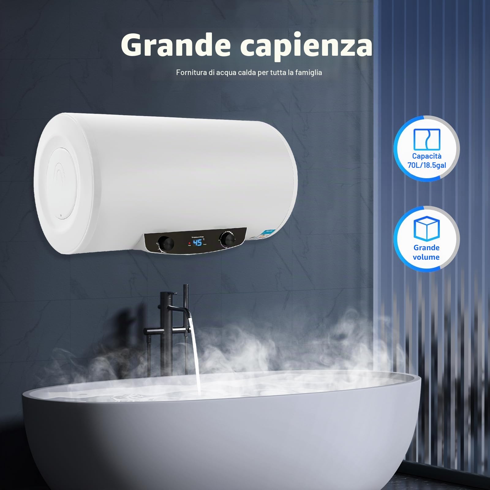 50L/120L Riscaldatore di acqua orizzontale elettrico, serbatoio d'acqua elettrico, potenza di riscaldamento 2000 Watt e termometro, scaldacqua elettrico, valvola di sicurezza, kit doccia. (120L)